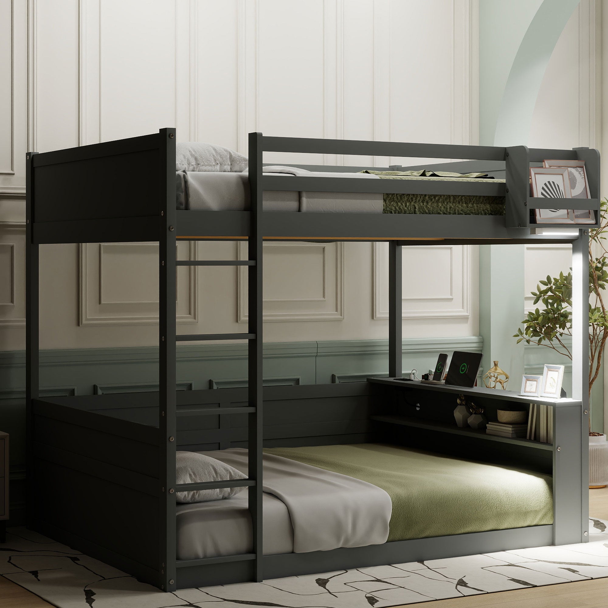 Queen Size Wooden Bunk Bed with Built-in Shelves and Storage