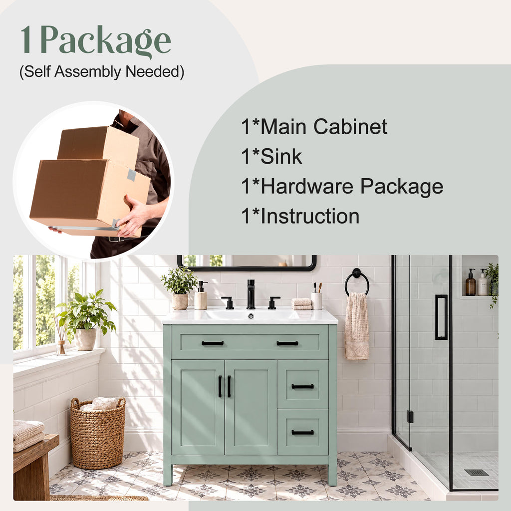 36-Inch Bathroom Vanity with Ceramic Sink, Soft-Close Doors, Sage Green