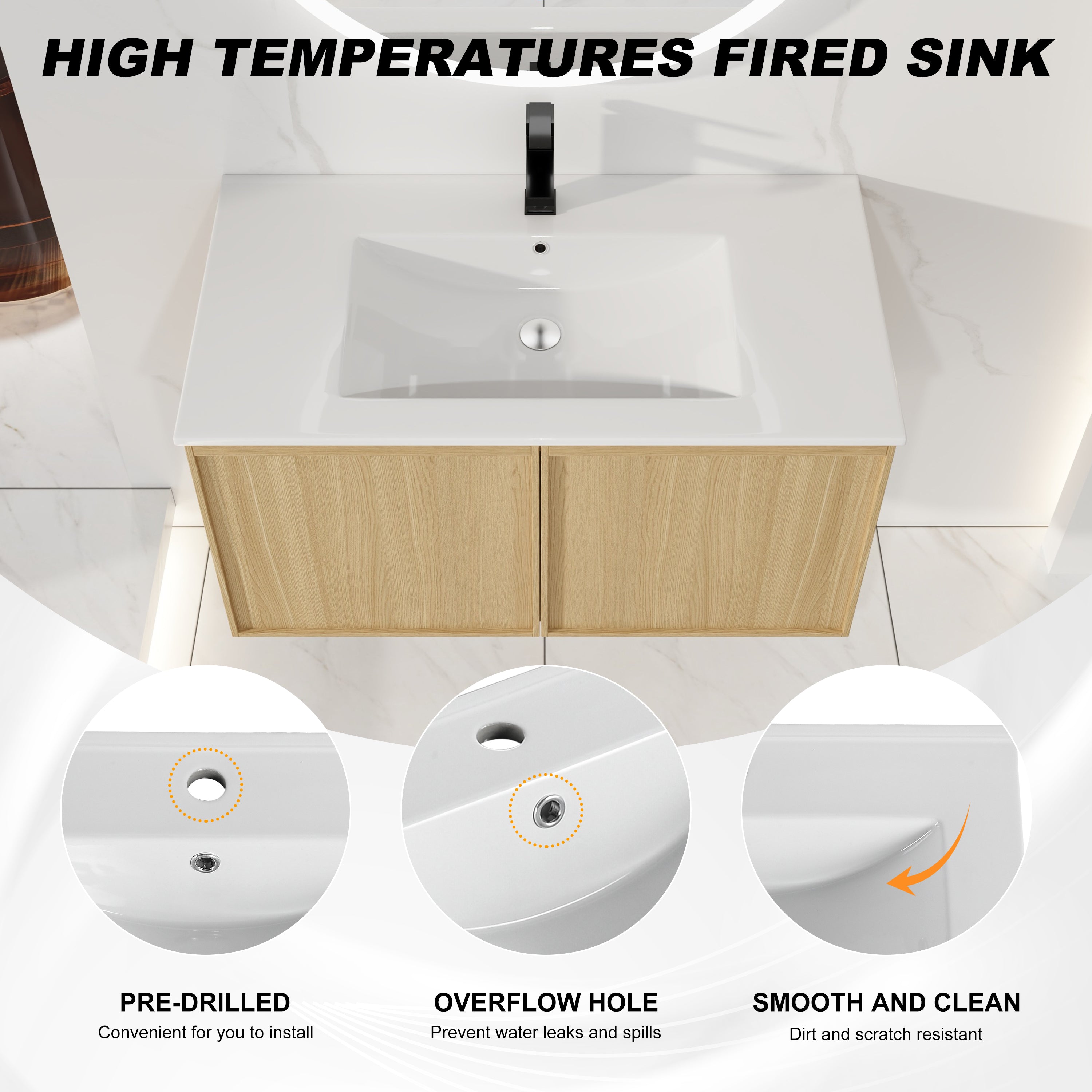 36" Floating Bathroom Vanity with Sink, Wall-Mounted Modern Light
