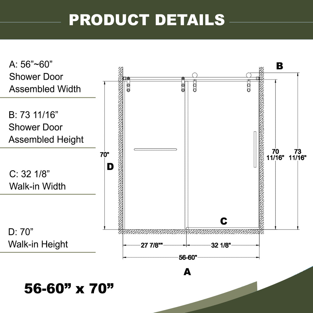 56"-60"W x 70"H Frameless Shower Door with Towel Bar
