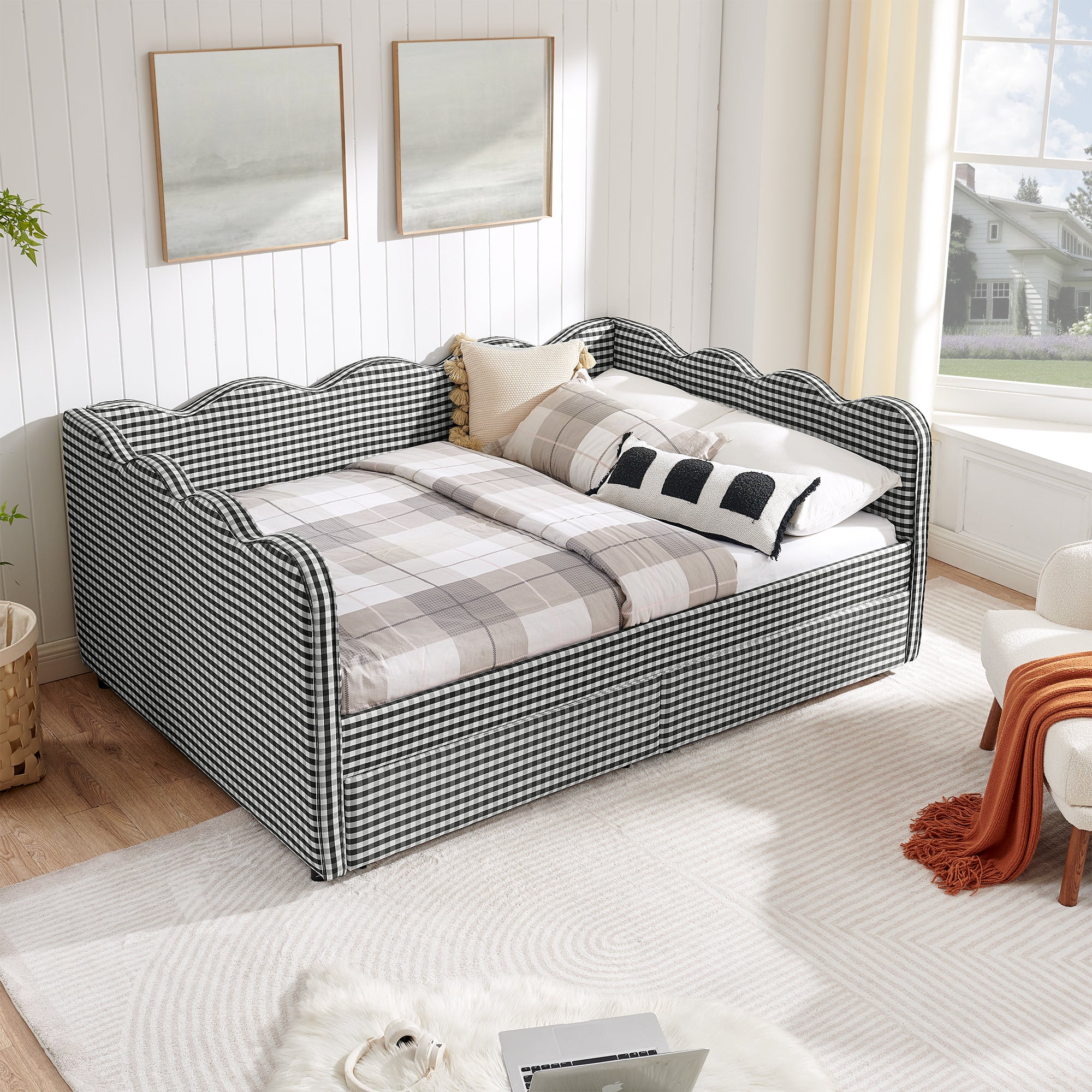 Full Size Cozy Gingham Daybed with Two Storage Drawers