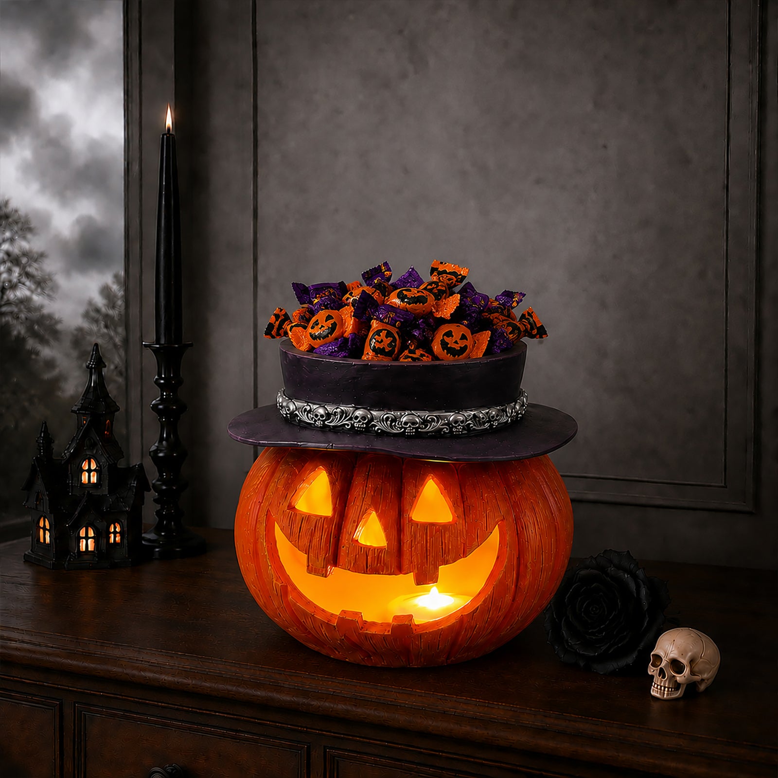 Halloween Pumpkin Candy Bowl with Witch Hat