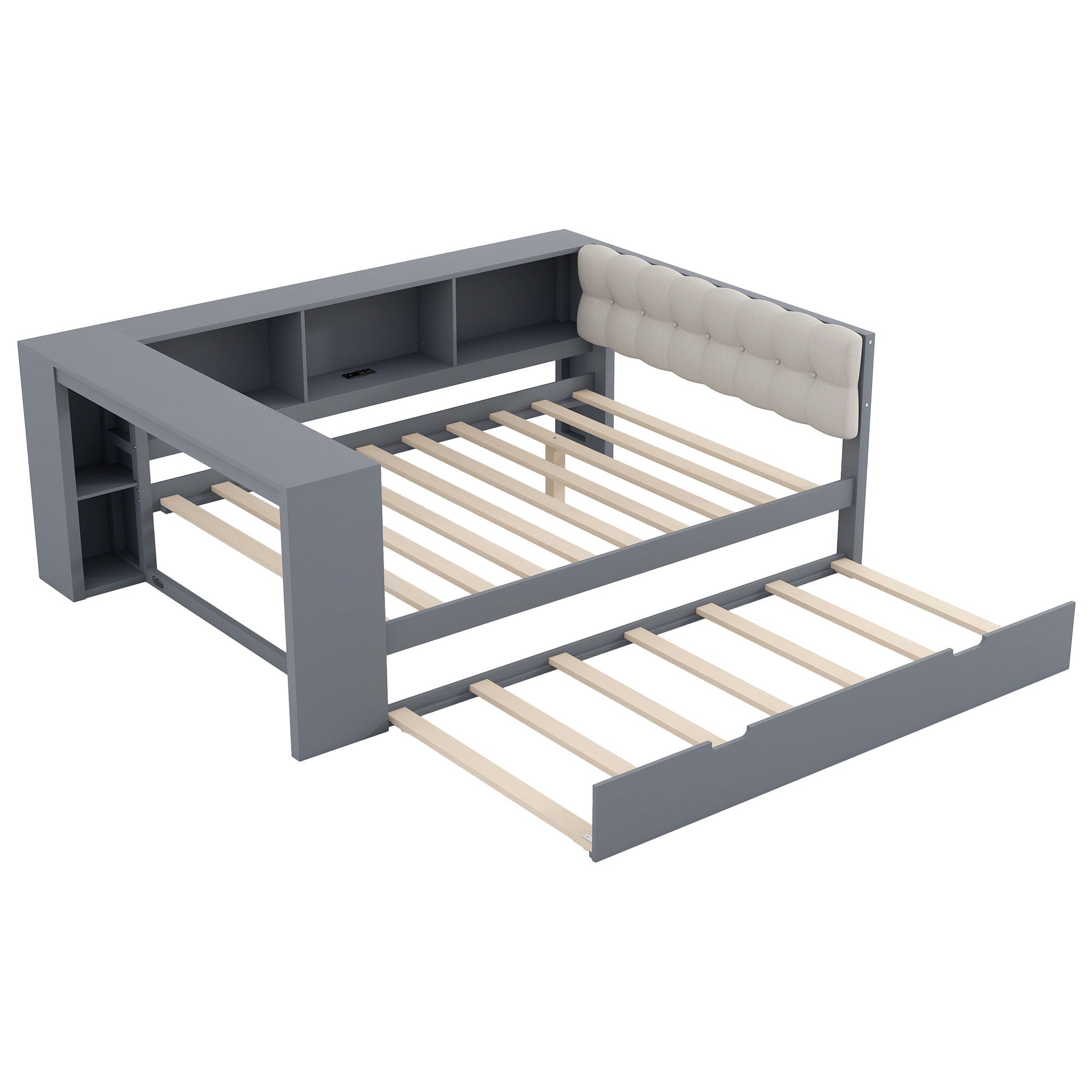Upholstered Headboard Platform Bed With Storage Shelves, Trundle, Charging Station