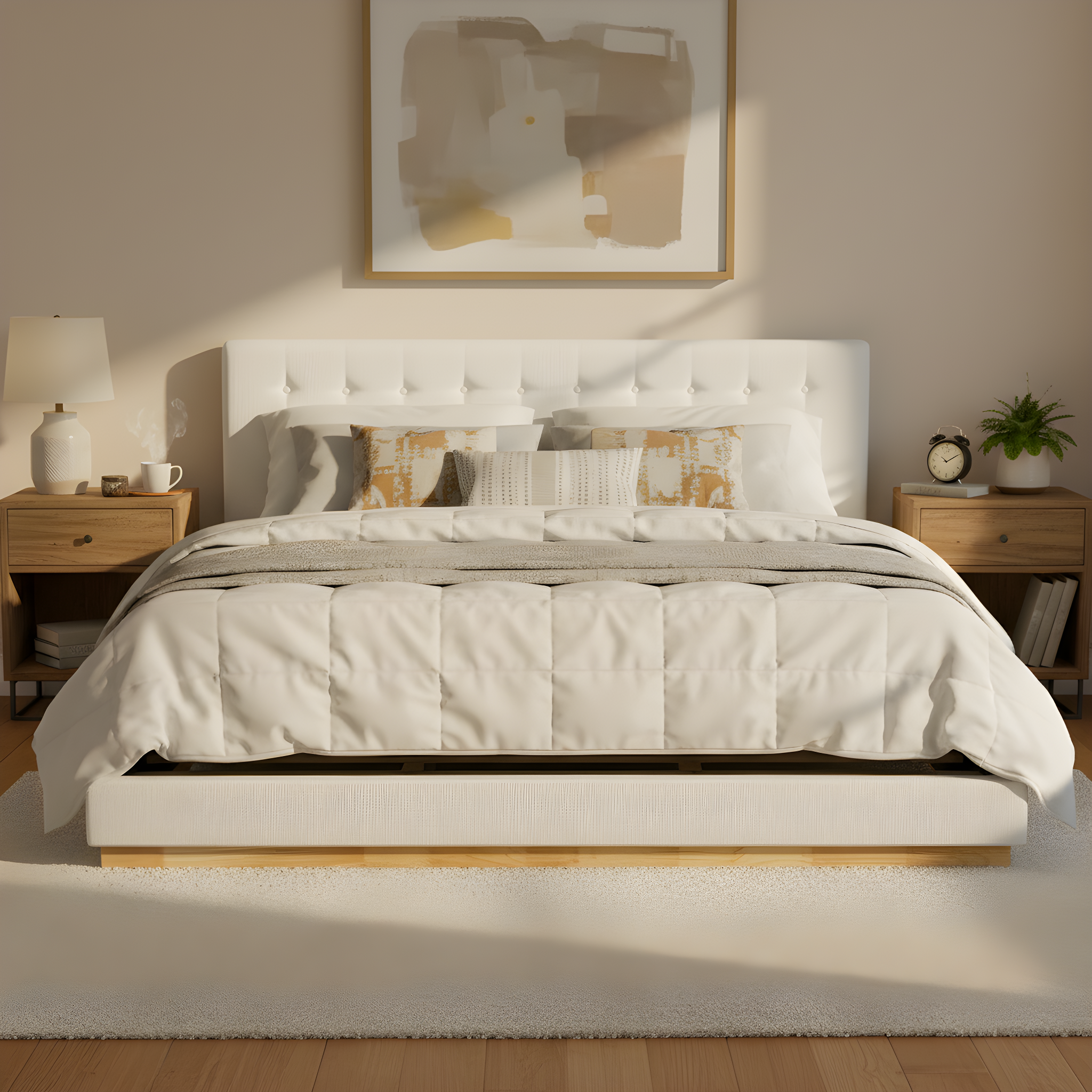 Solid Rubber Wood Platform Bed with Upholstered Headboard