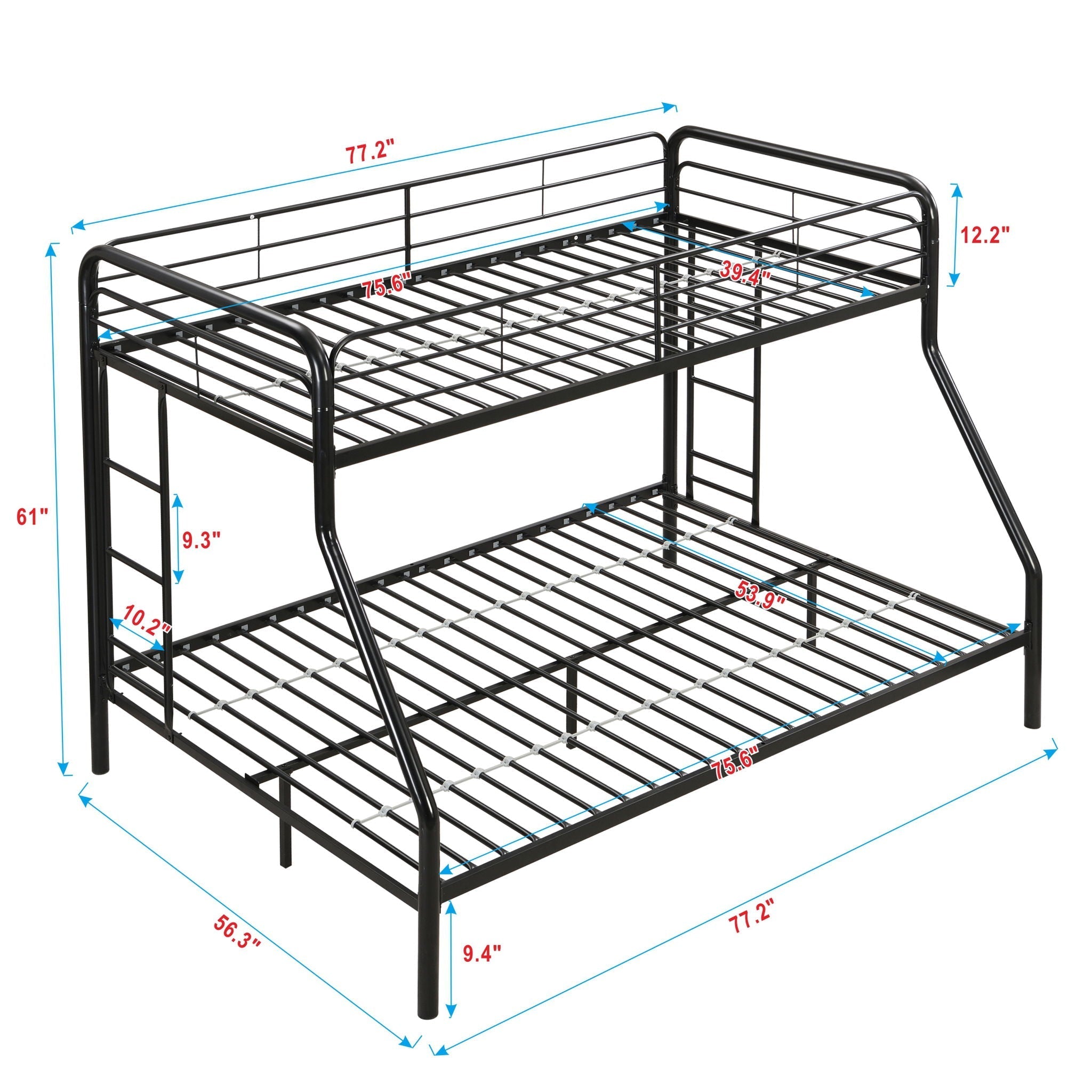 Modern Twin Over Full Metal Bunk Bed with Trundle and Dual Side Ladders