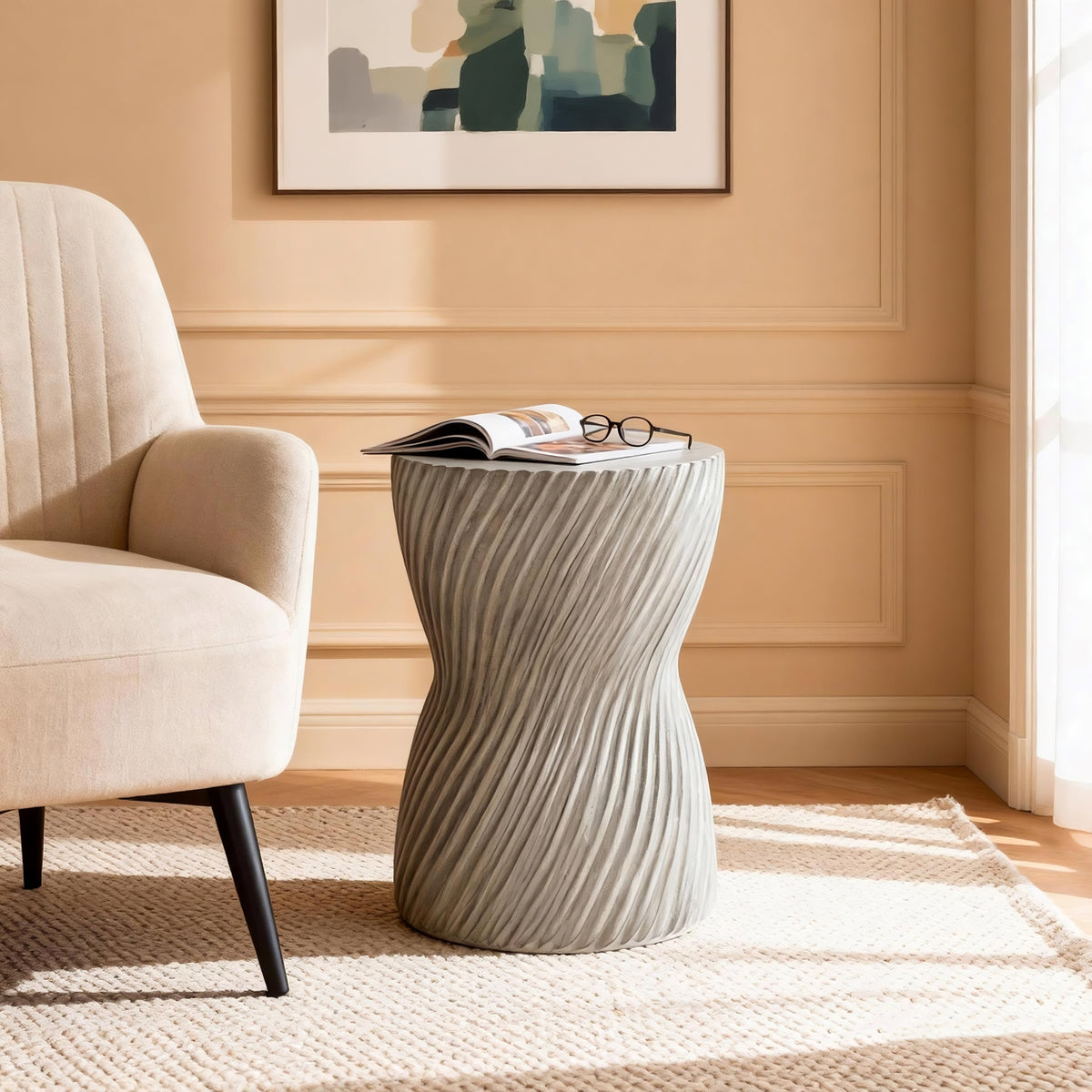 Outdoor MGO Concrete Hourglass Side Table with Spiral Pattern