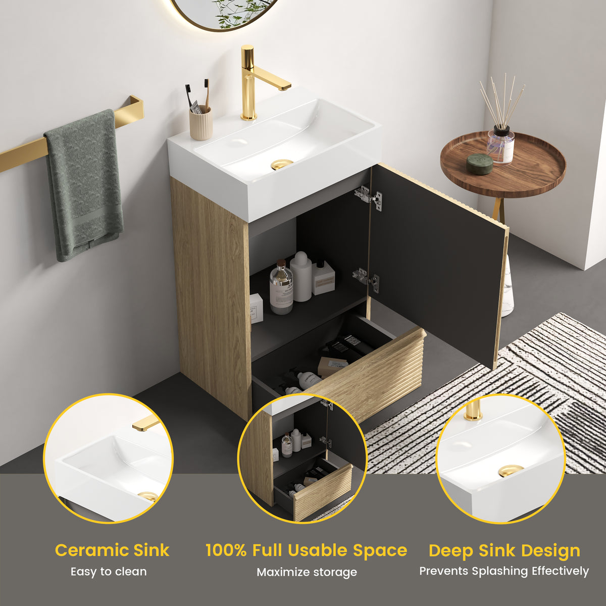 Gada 20-Inch Bathroom Vanity with Ceramic Sink, Light Oak