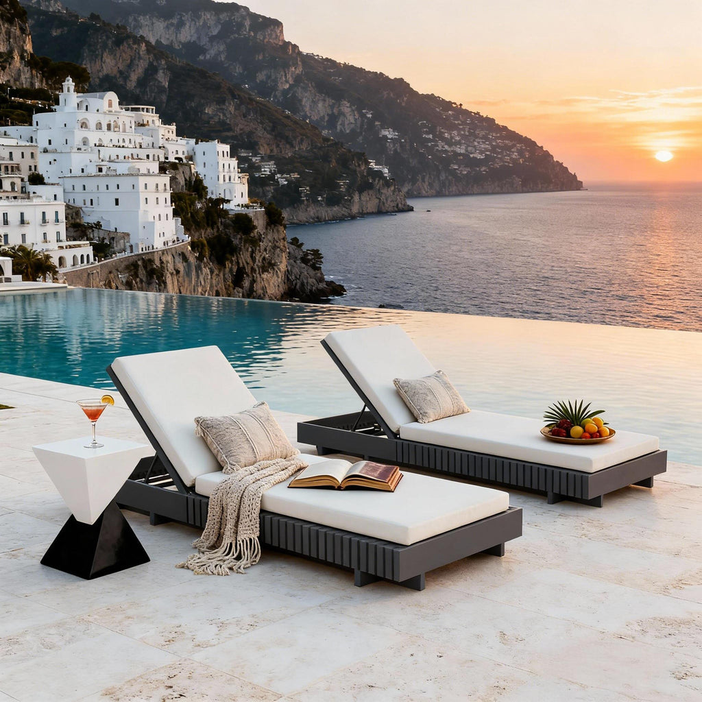 Dark Gray Acacia Wood Outdoor Chaise Lounge with Adjustable Backrest, 76.8 Inches
