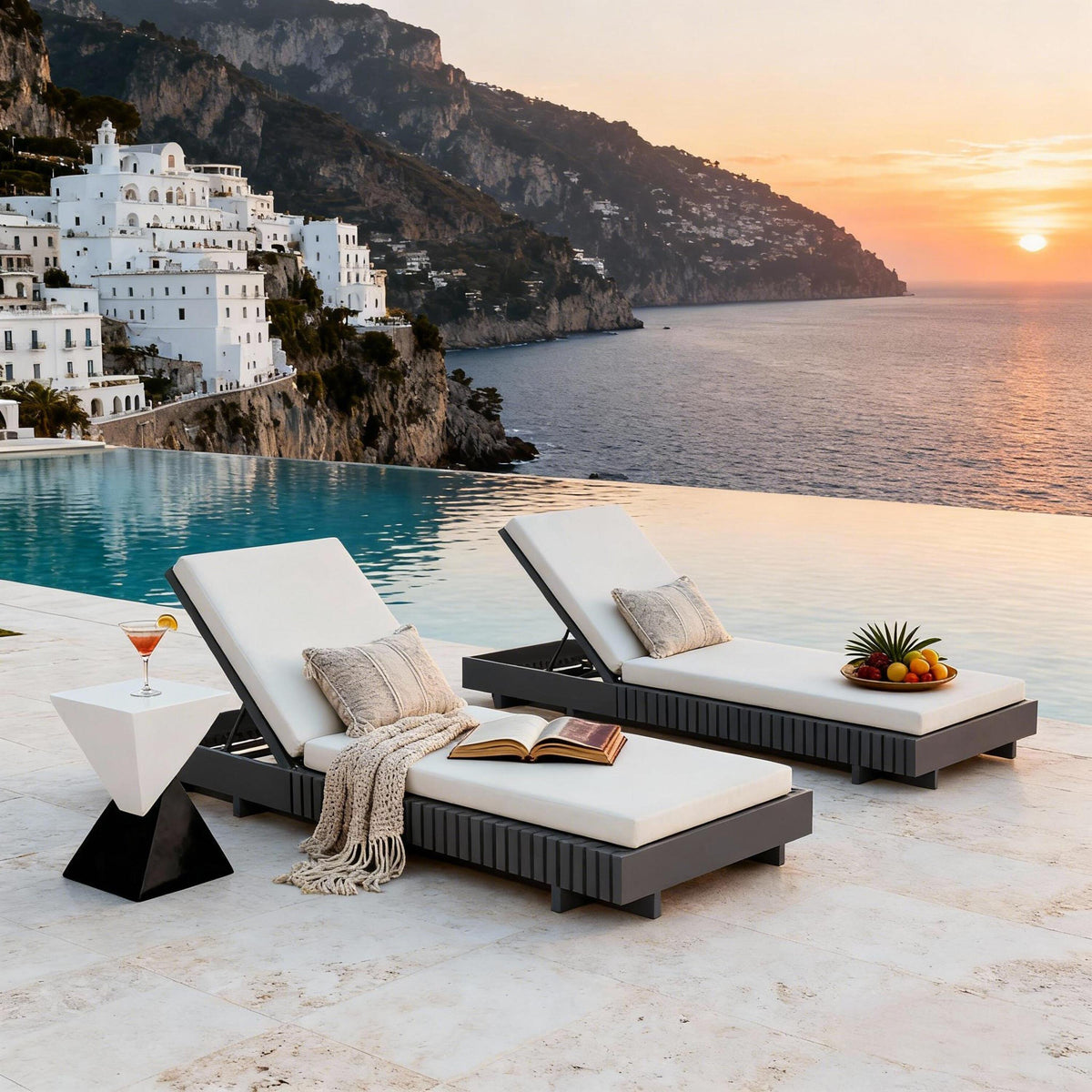Dark Gray Acacia Wood Outdoor Chaise Lounge with Adjustable Backrest, 76.8 Inches