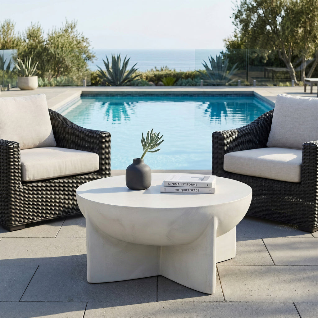 Matte White Distressed Round Coffee Table, Magnesium Oxide Sculptural Tripod Base