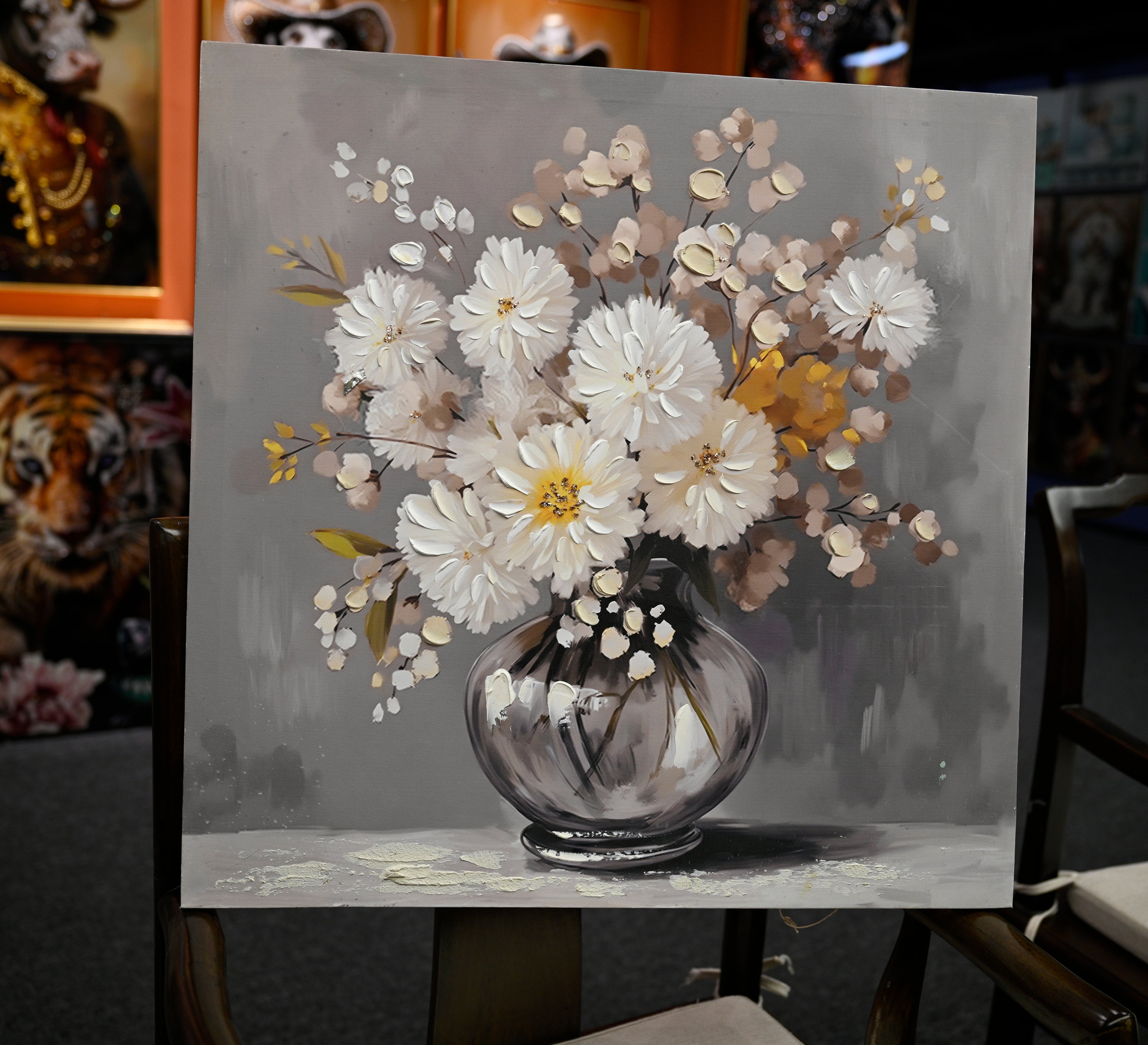 White Chrysanthemum Glass Vase Canvas Wall Art