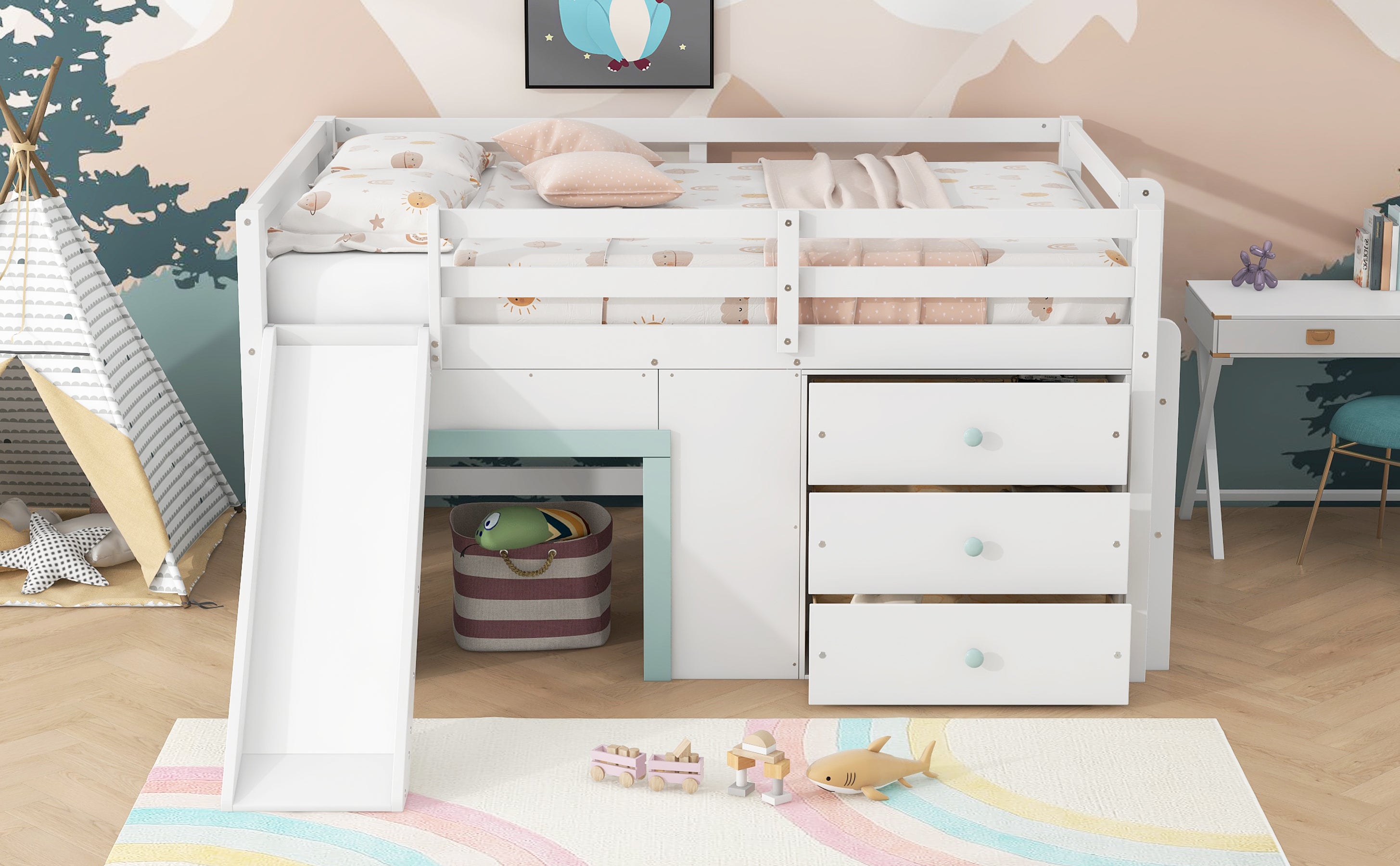 Full Size Low Loft Bed with Slide and Storage Drawers