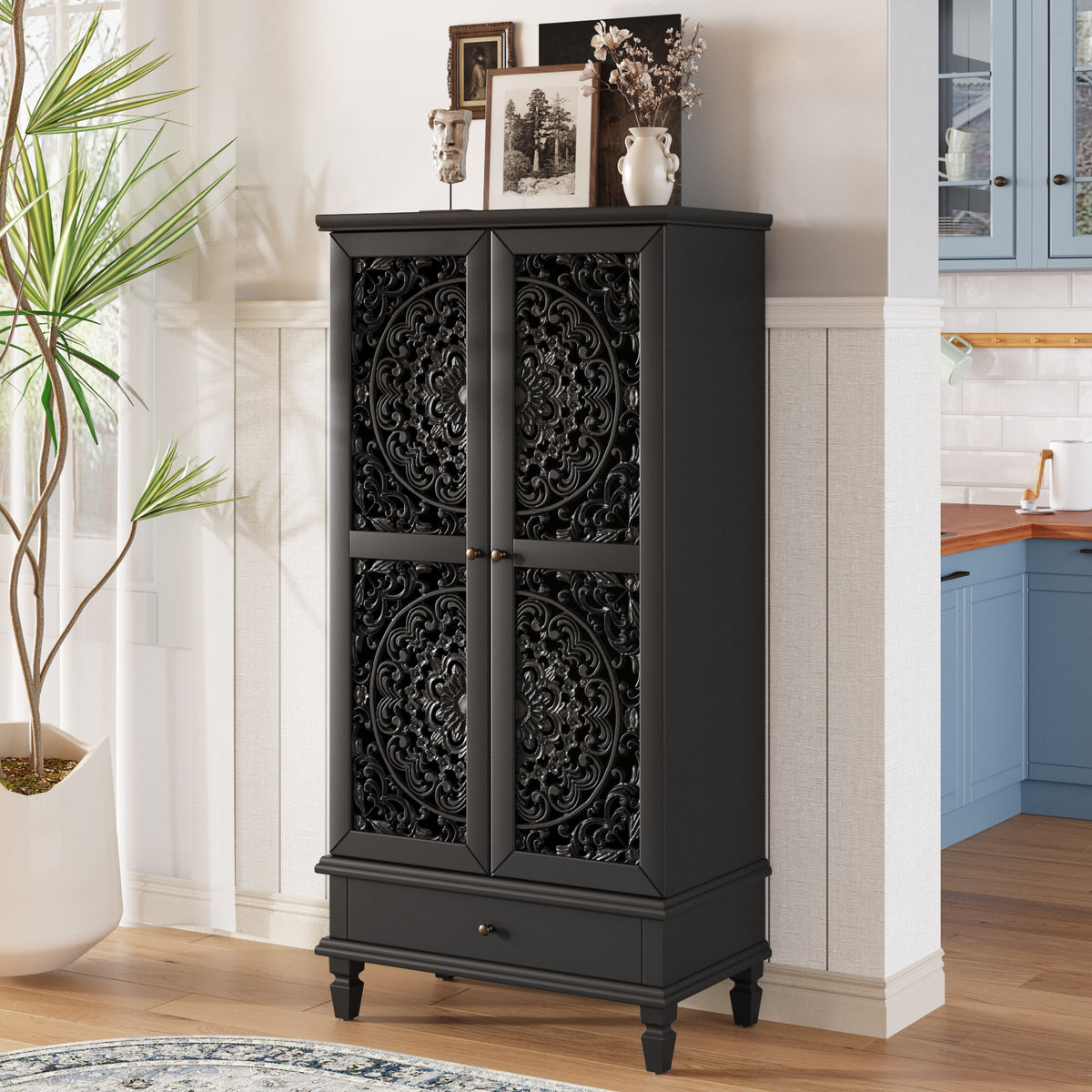 Rustic 55-Inch Tall Storage Cabinet with Drawer, Black