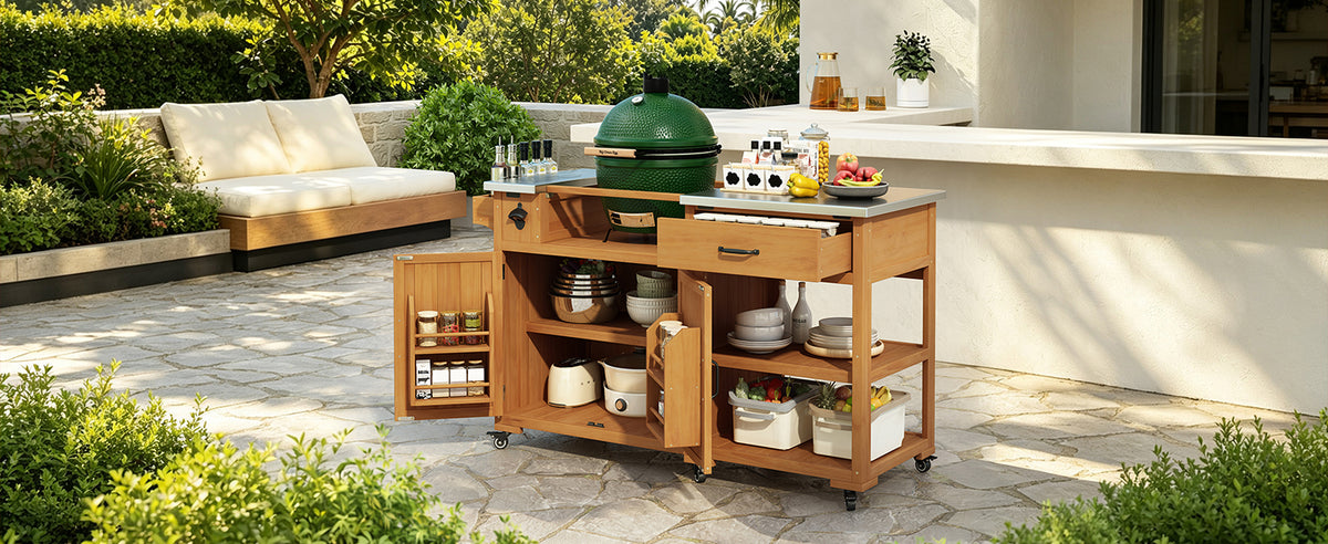 TOPMAX 55.4-Inch Outdoor Wood Kitchen Cart with Stainless Steel Top, Natural
