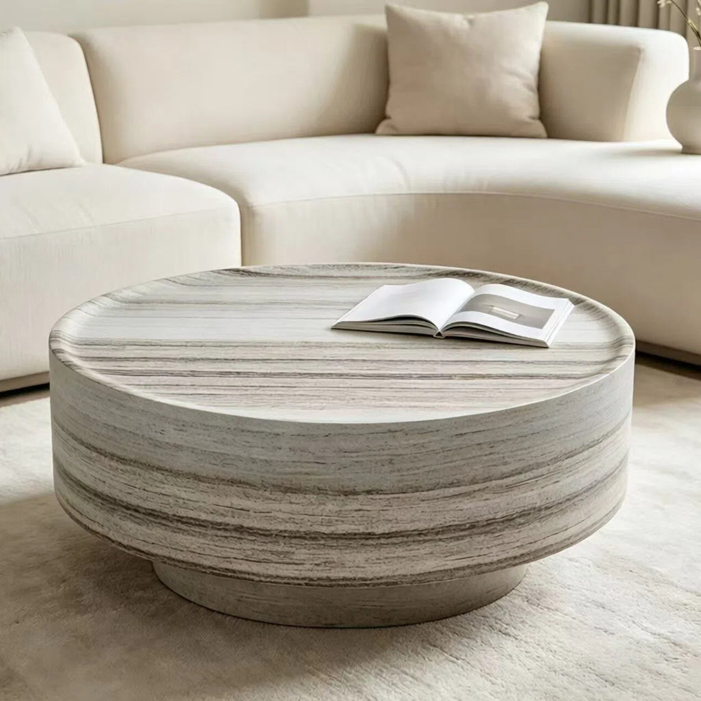 Round 31.5" Coffee Table, Light Gray Fiberglass with Stone Texture