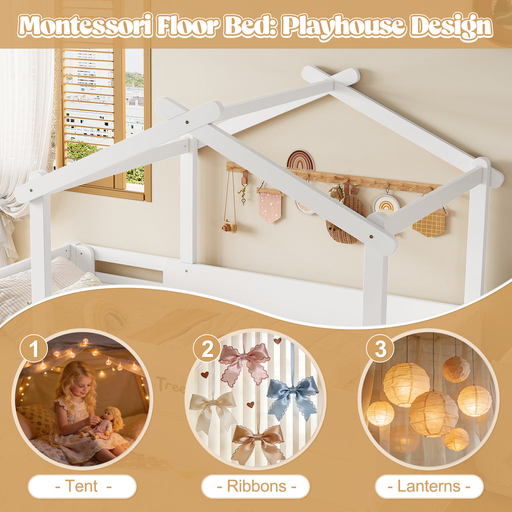 Full Size Floor Bed with Guardrails and Roof for Kids