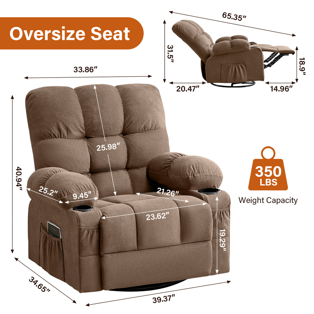 Massage Swivel Recliner Chair with Vibration Massage and Lumbar Heating for Adults,350LBS Oversized Rocker Recliner Single Sofa with Side Pocket,cup holder and USB Charge Port for Living Room