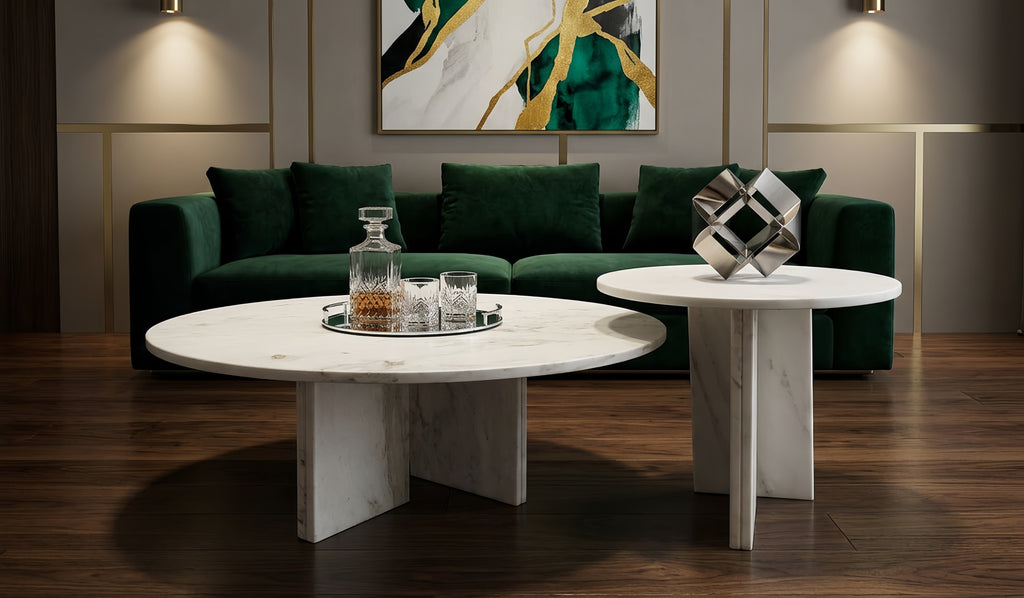 White Semi-Polished Marble Round Nesting Table Set of 2