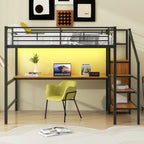 Full Size Metal Loft Bed with Desk, Storage Staircase, Small Wardrobe and LED Light