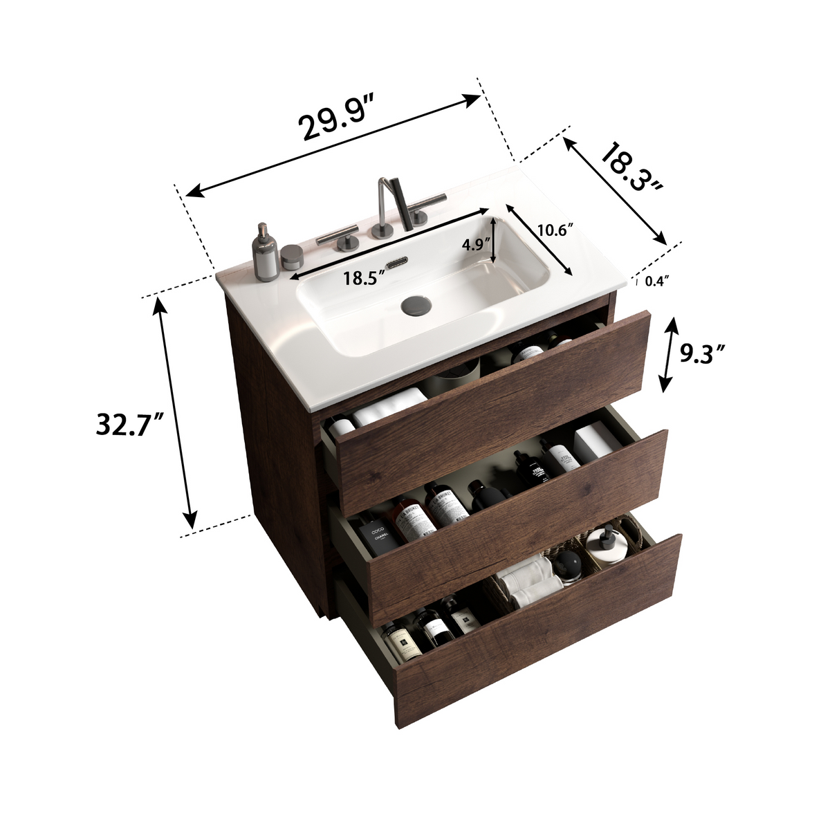 TIA 30" Walnut Bathroom Vanity with Ceramic Sink, 3 Faucet Holes