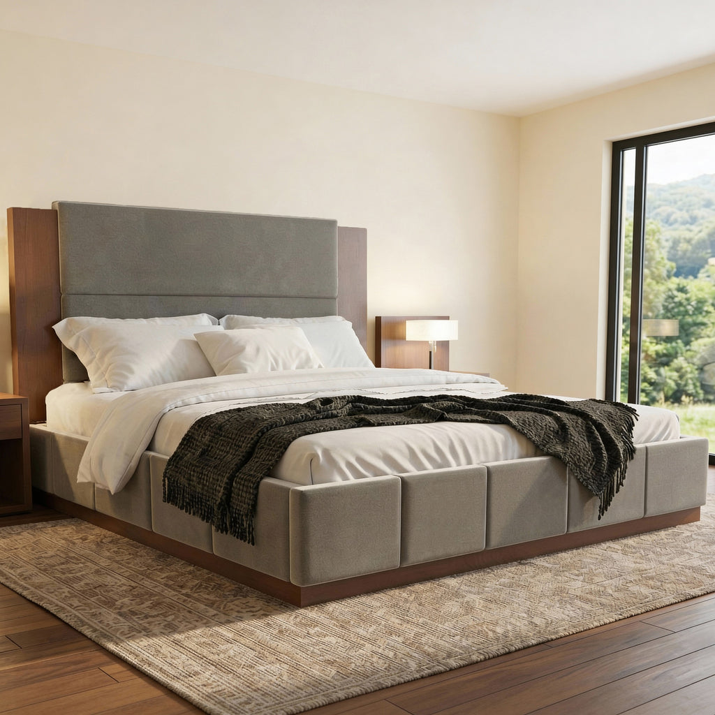 Upholstered Platform Bed Frame with Extended Wood Headboard