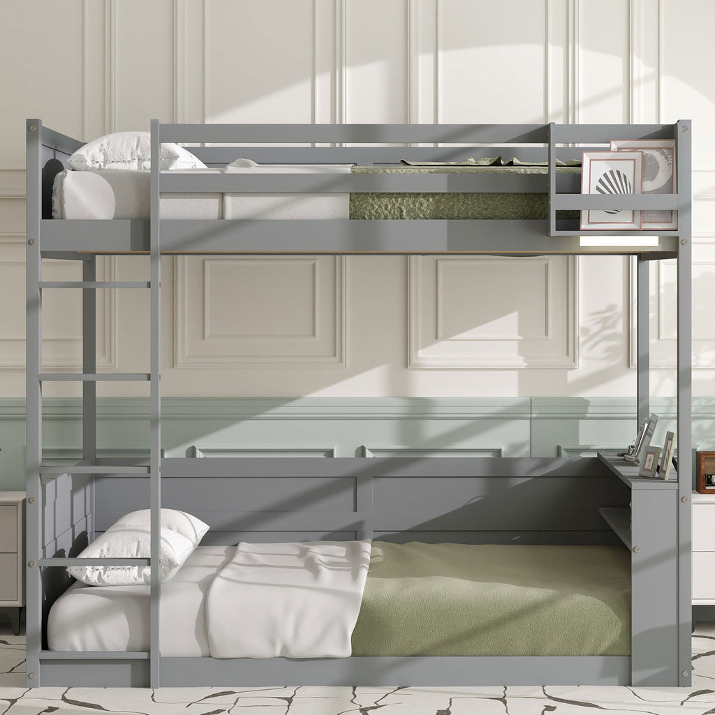 Queen Size Wooden Bunk Bed with Built-in Shelves and Storage