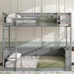Queen Size Wooden Bunk Bed with Built-in Shelves and Storage