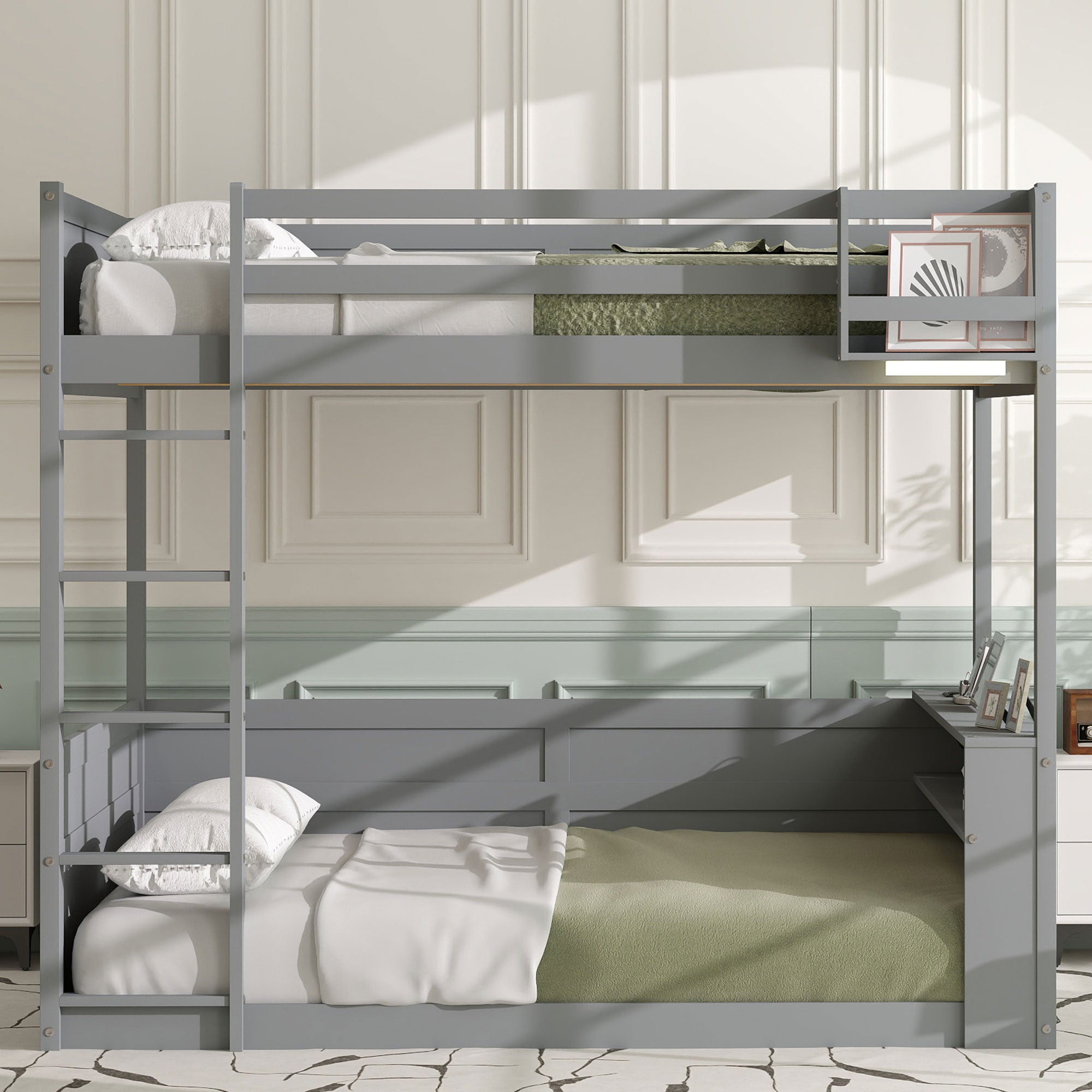Queen Size Wooden Bunk Bed with Built-in Shelves and Storage