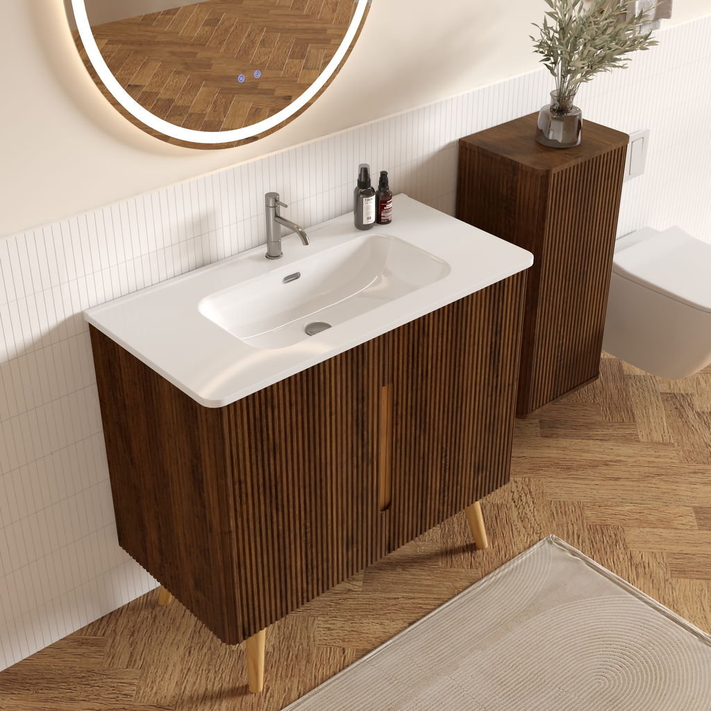 Etna 36-Inch Bathroom Vanity, Walnut Striped with Ceramic Sink