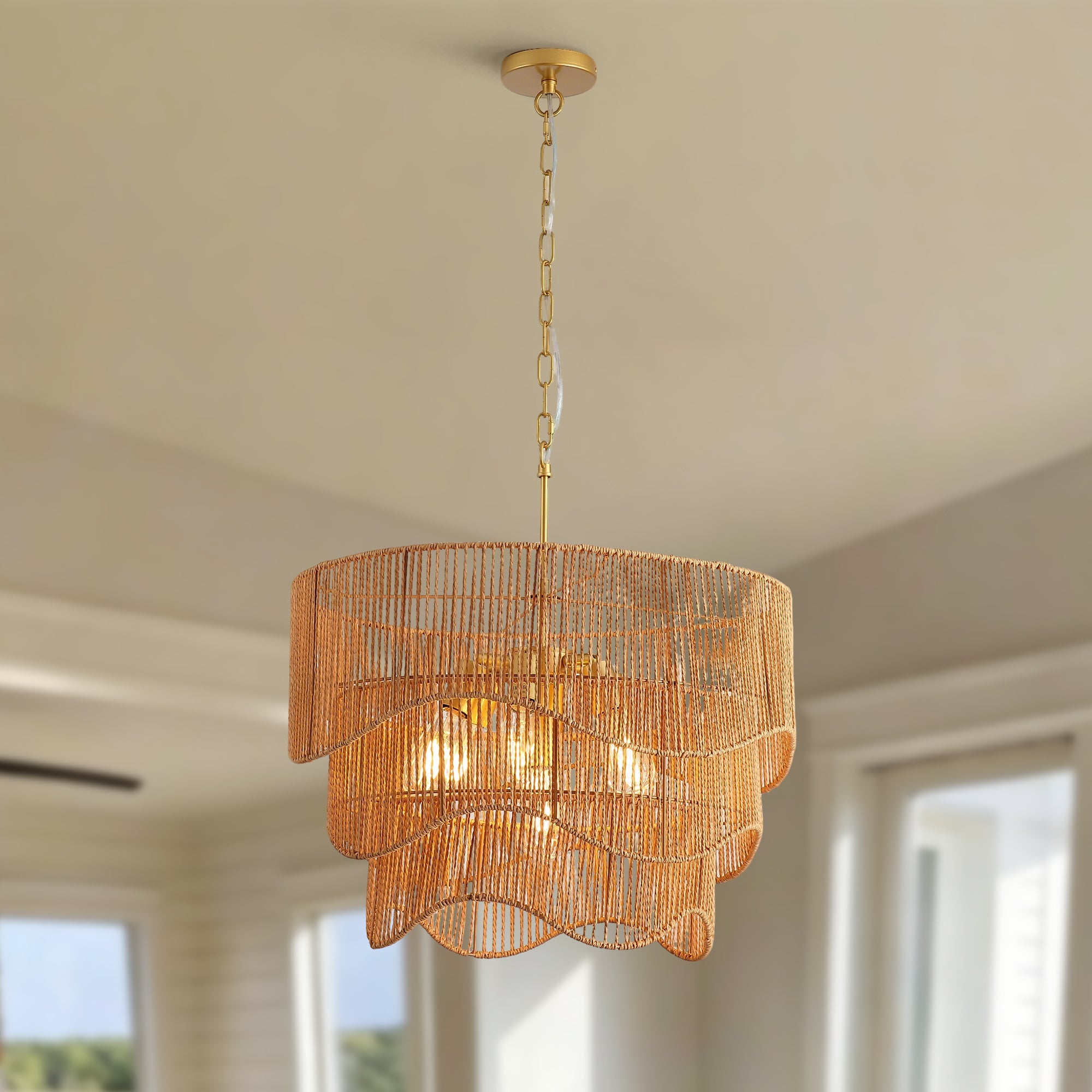 Handwoven Paper Rattan Boho Chandelier with Adjustable Height