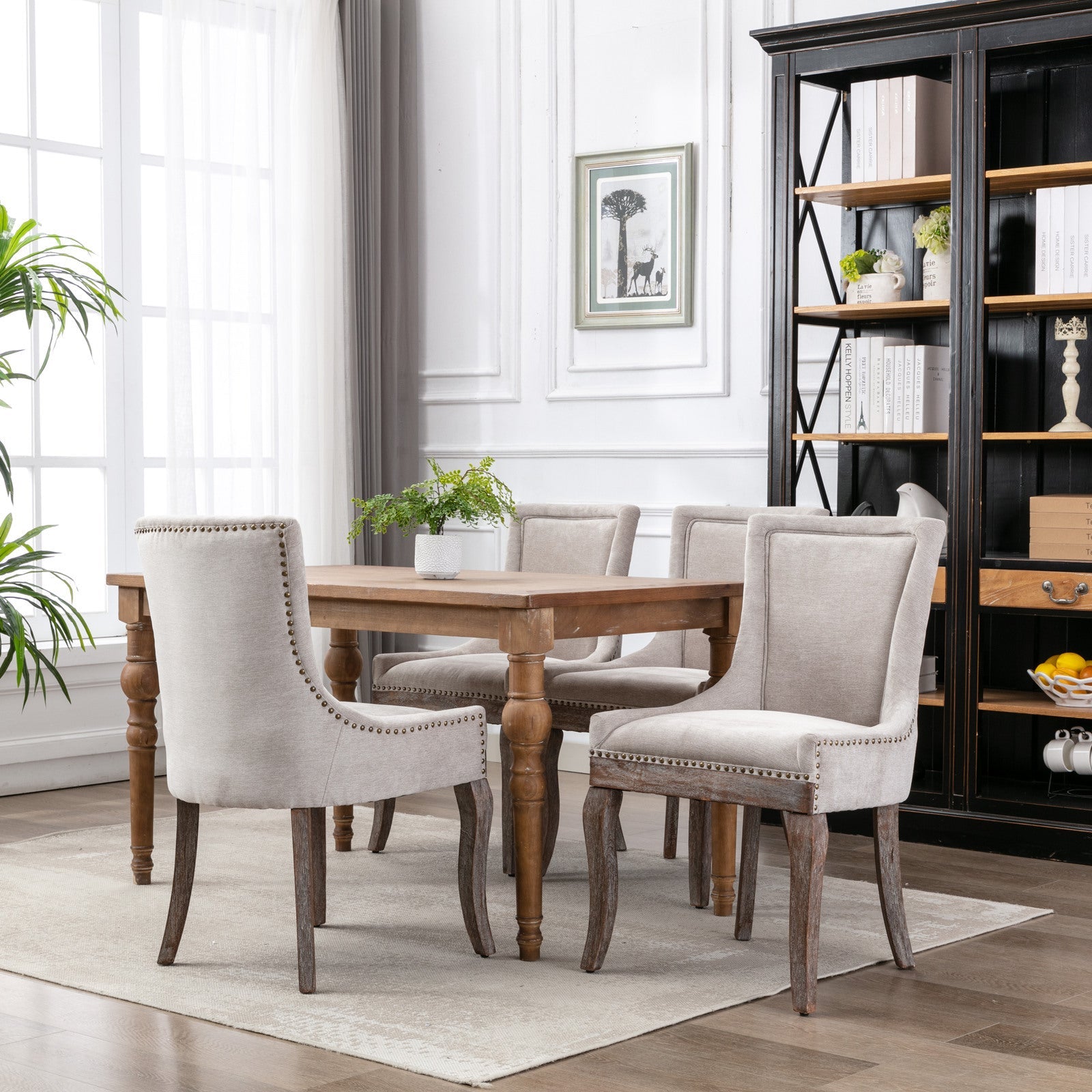 A&A Furniture Ultra Side Dining Chair with Thickened Fabric and Bronze Nail Head, Beige, Set of 2