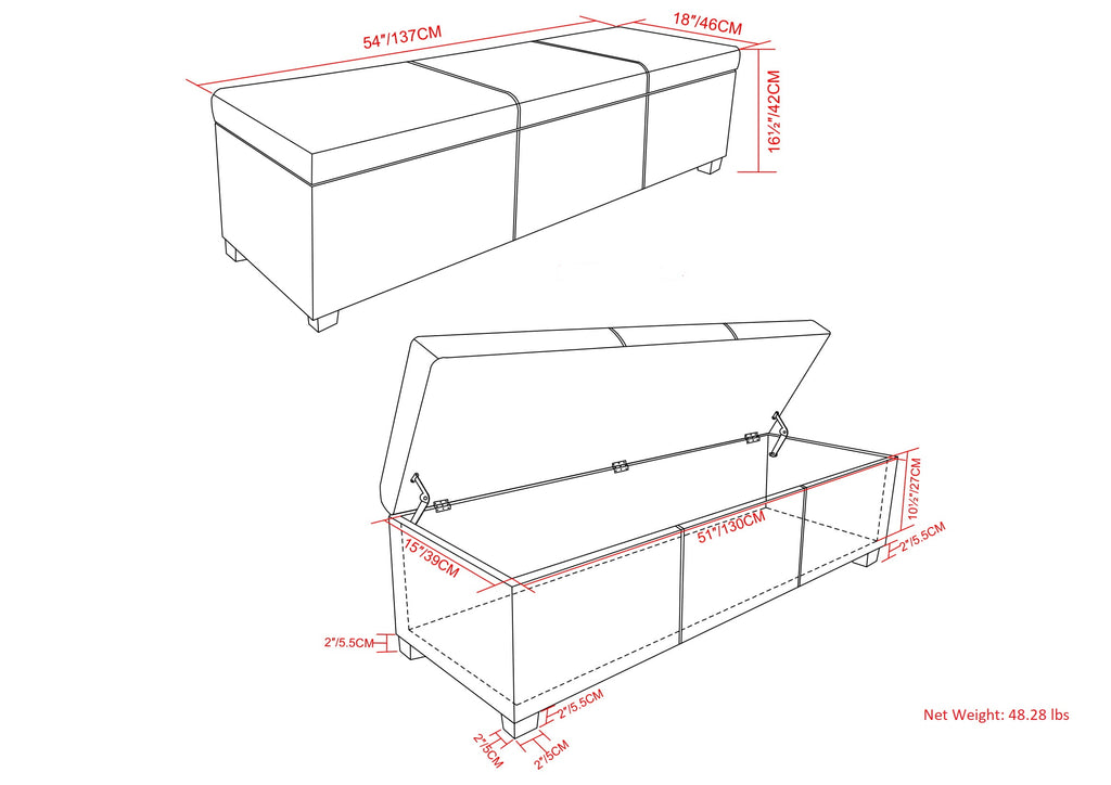 Avalon 54 Inch Wide Extra Large Storage Ottoman Bench in Tanners