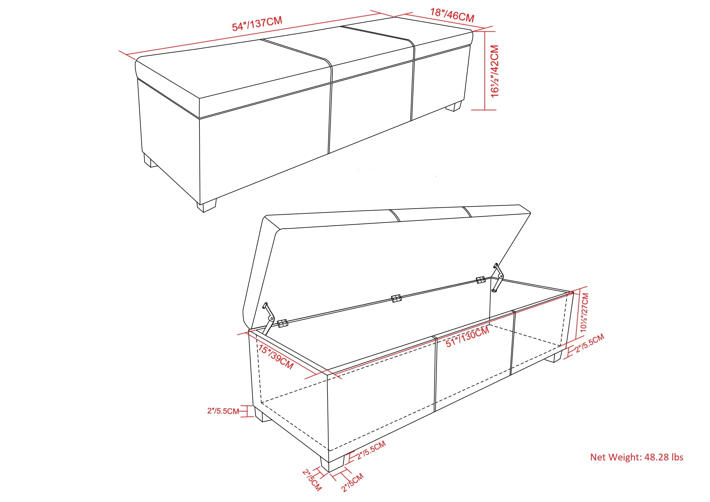 Avalon 54 Inch Wide Extra Large Storage Ottoman Bench in Tanners