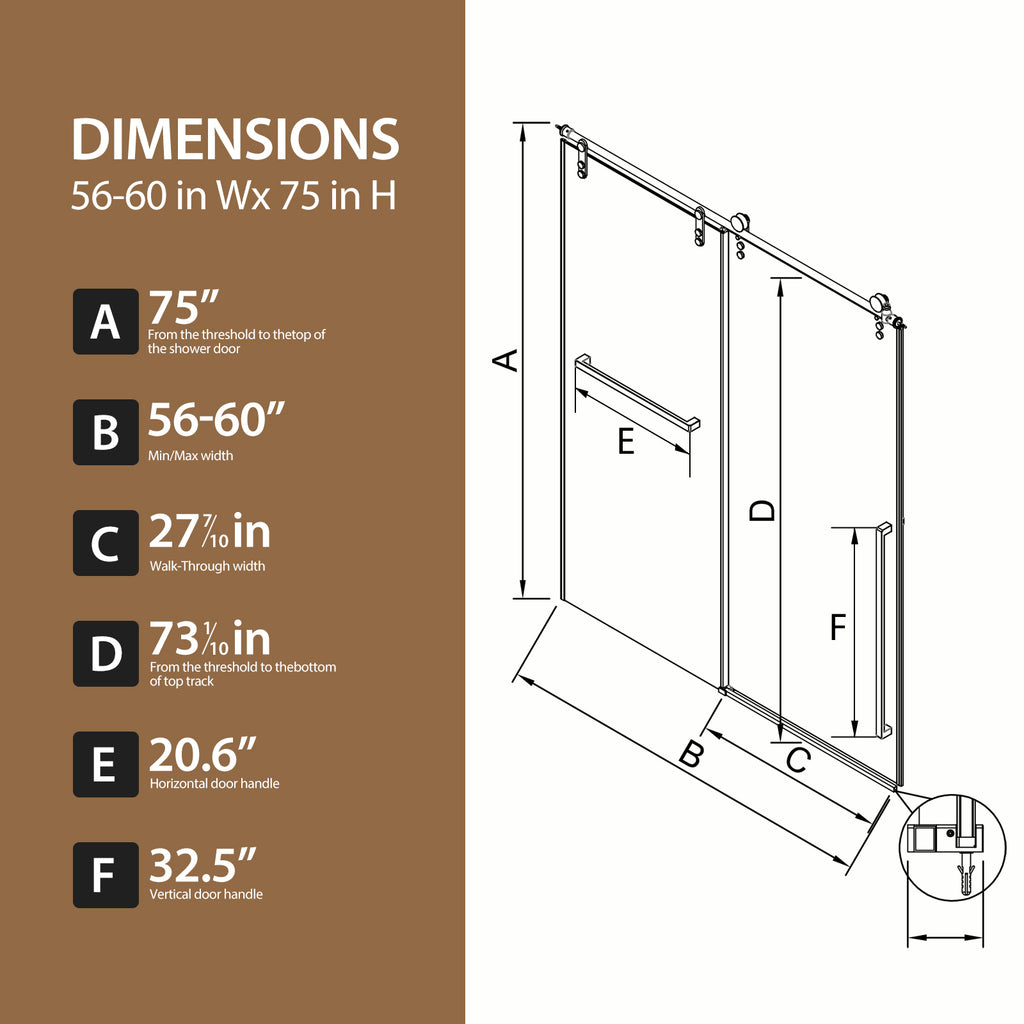 Matte Frameless Sliding Shower Door 56"-60" W x 75" H