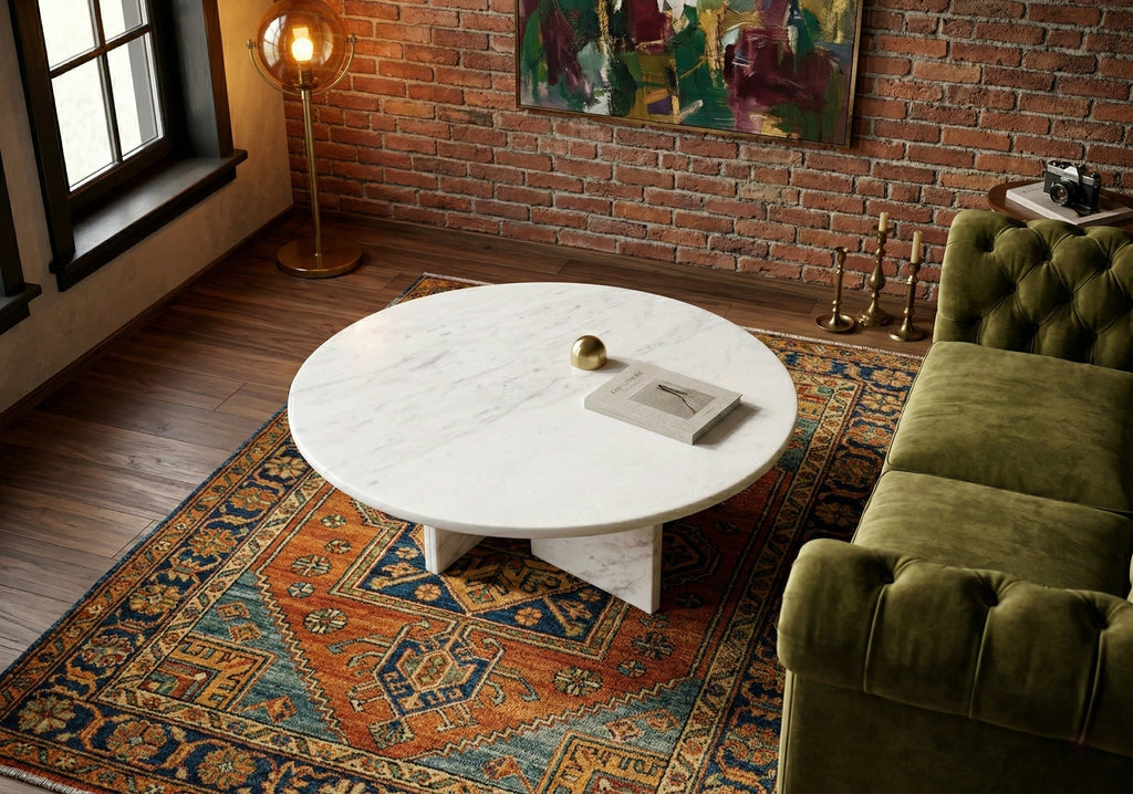 White Semi-Polished Marble Round Coffee Table