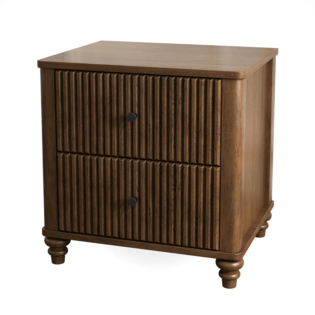 Fluted Nightstand, 21.65-Inch Wide with 3 Drawers, Mid Century Modern, Walnut