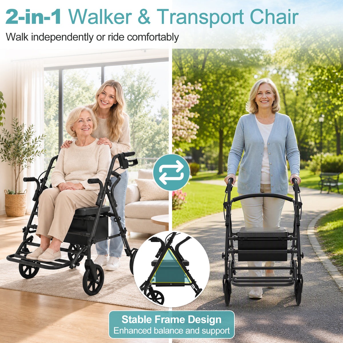 Rollator Walker with Seat for Seniors, 2-in-1 Combo, 8-Inch Wheels, Black