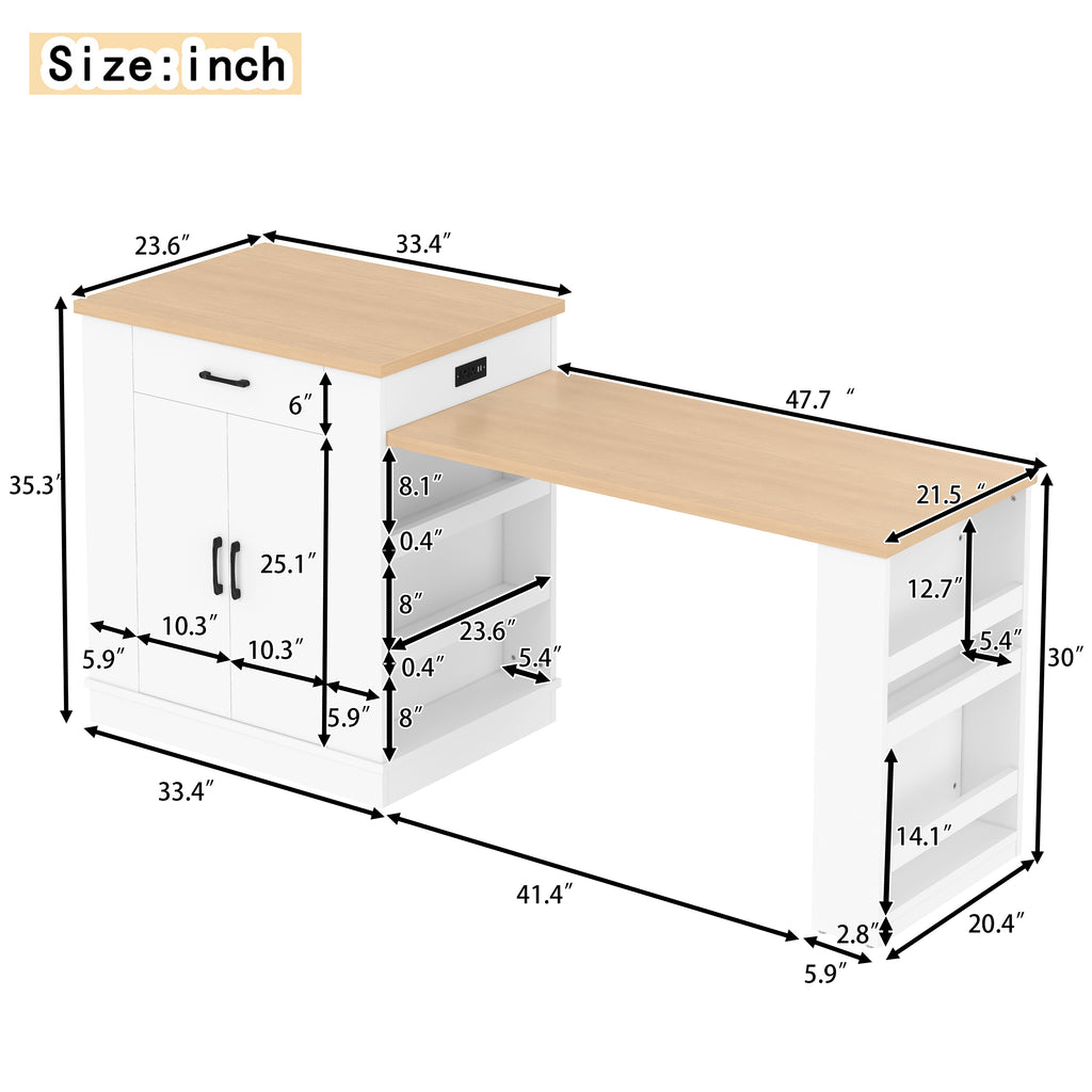 Extendable Island Console with Drawers, Double-Door Cabinet & Open Shelving