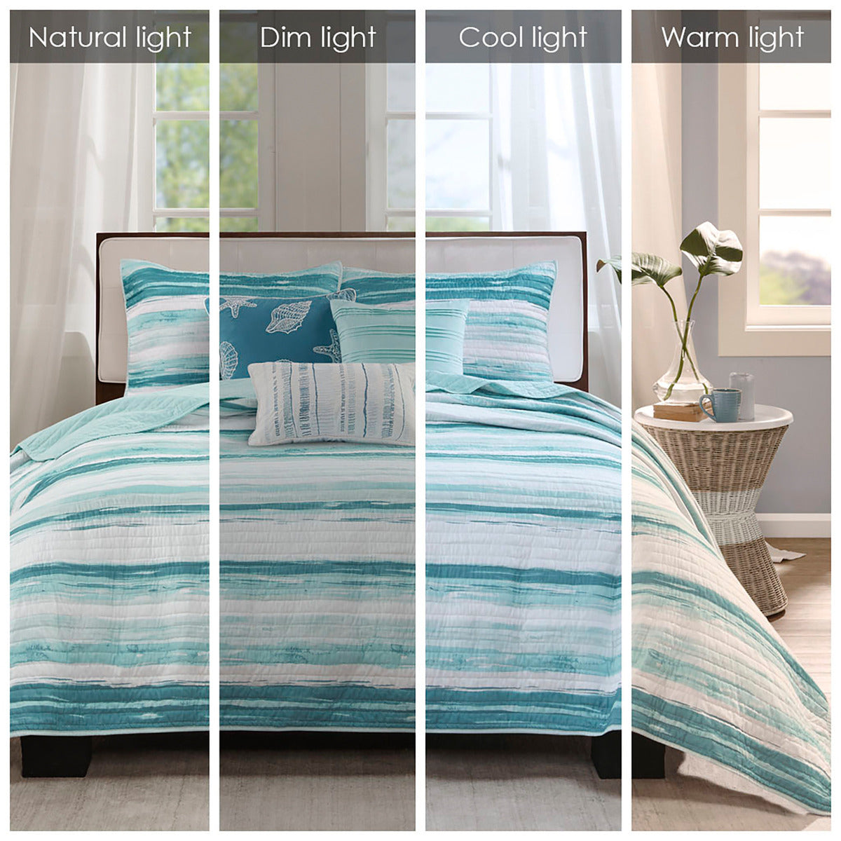 6 Piece Printed Quilt Set with Throw Pillows - Aqua Full/Queen