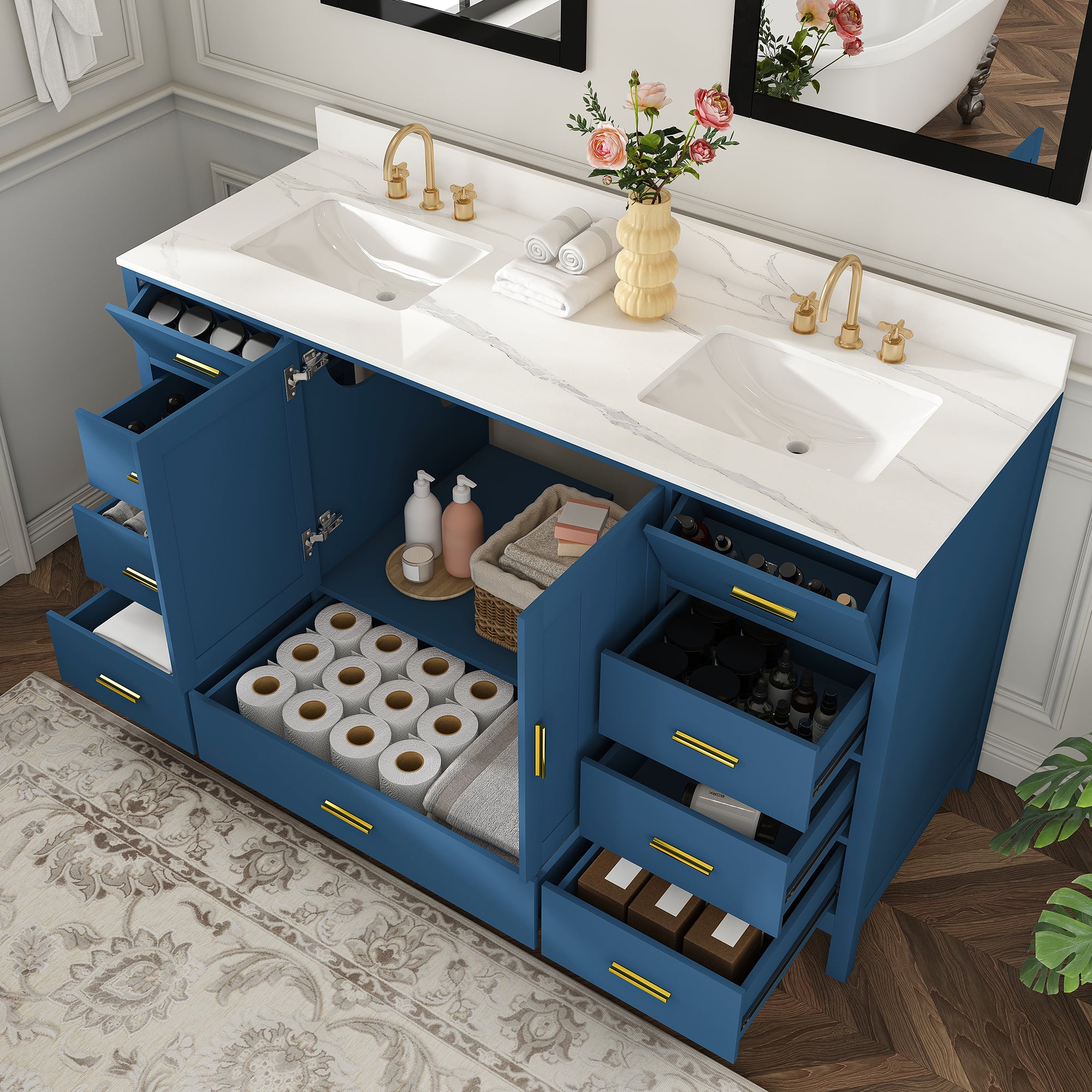 60" Solid Wood Bathroom Vanity with 2 Sinks