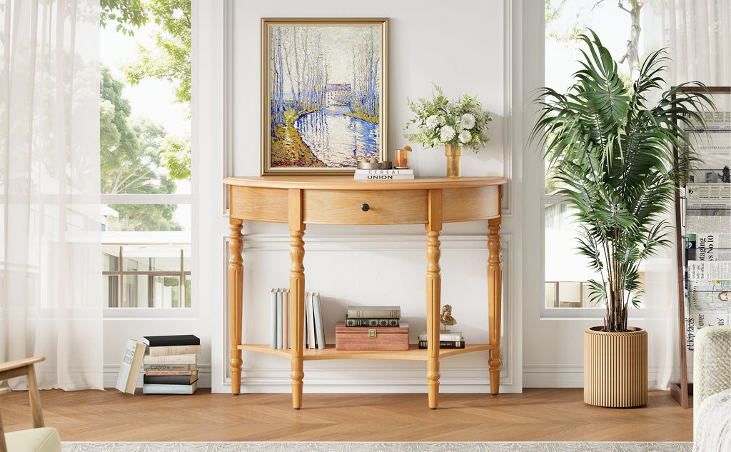TREXM Farmhouse Half Moon Console Table with Drawer & Shelf - Rustic Accent Table