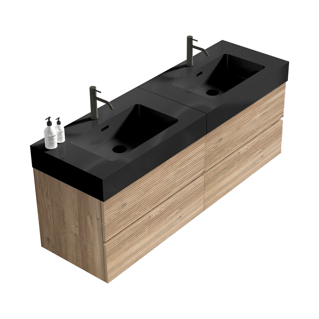 Grace 60-Inch Double Drawer Wall-Mount Bathroom Vanity, Black Oak with Solid Surface Sink