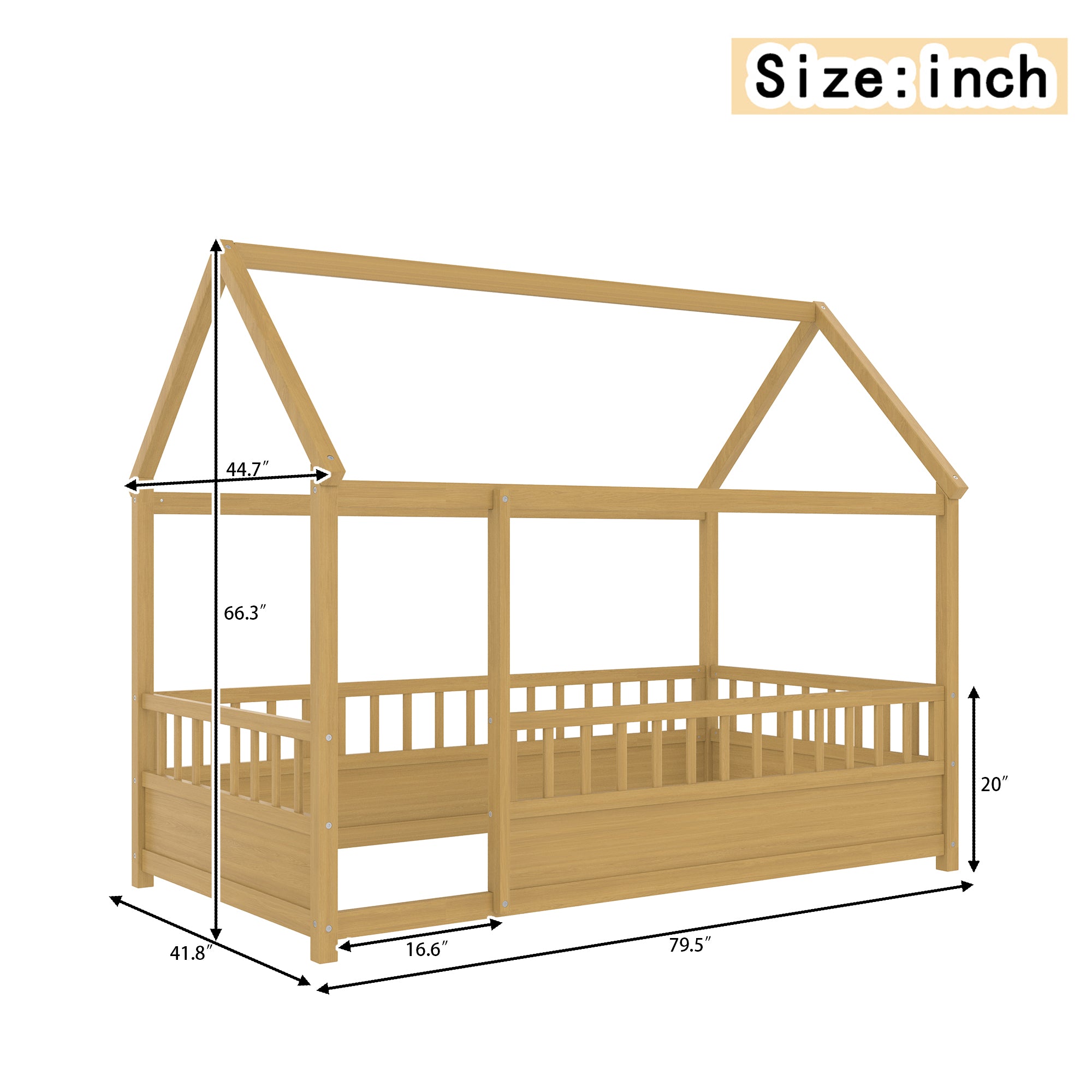 Twin Size Floor Wooden Bed with House Roof Frame