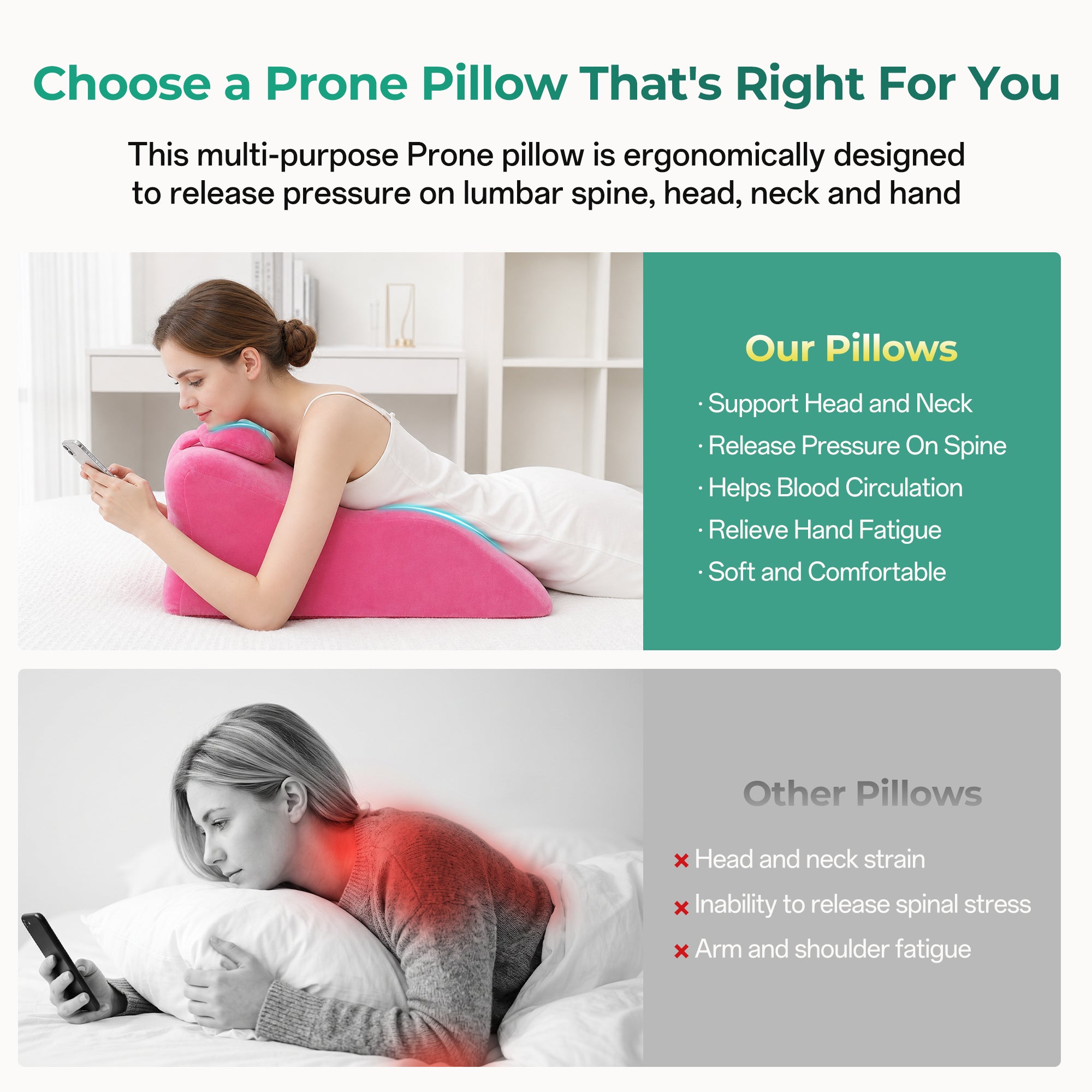 Ergonomic Spinal Posture Support & Multi-Functional Bed Pillow - Pink