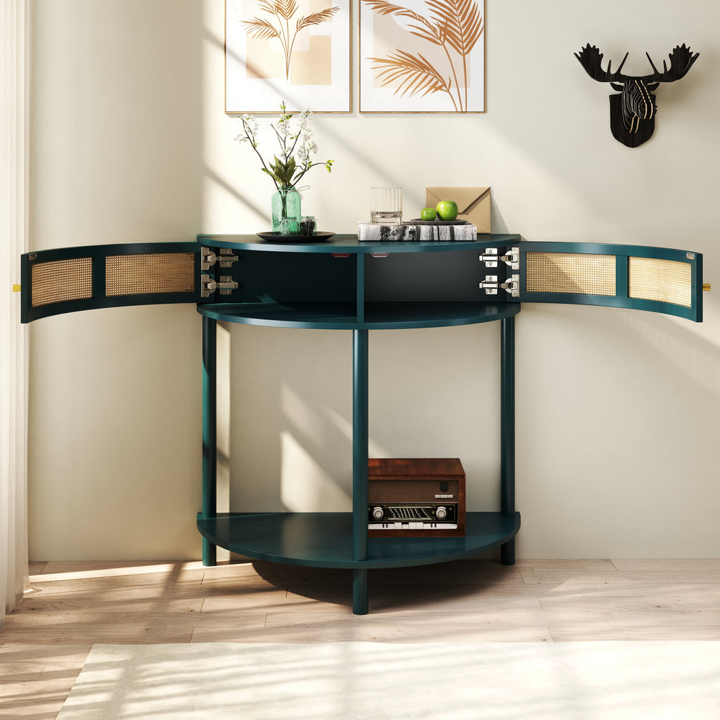 Unique Half Moon Design End Table with Sliding Rattan Door
