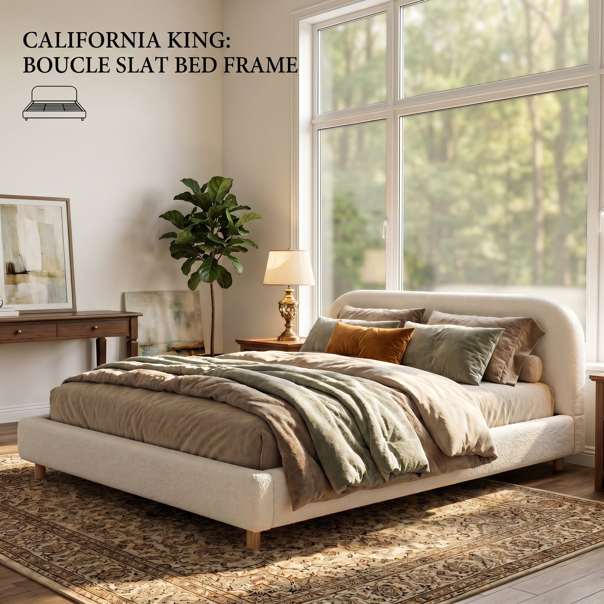 California King Size Upholstered Bed With Boucle Fabric