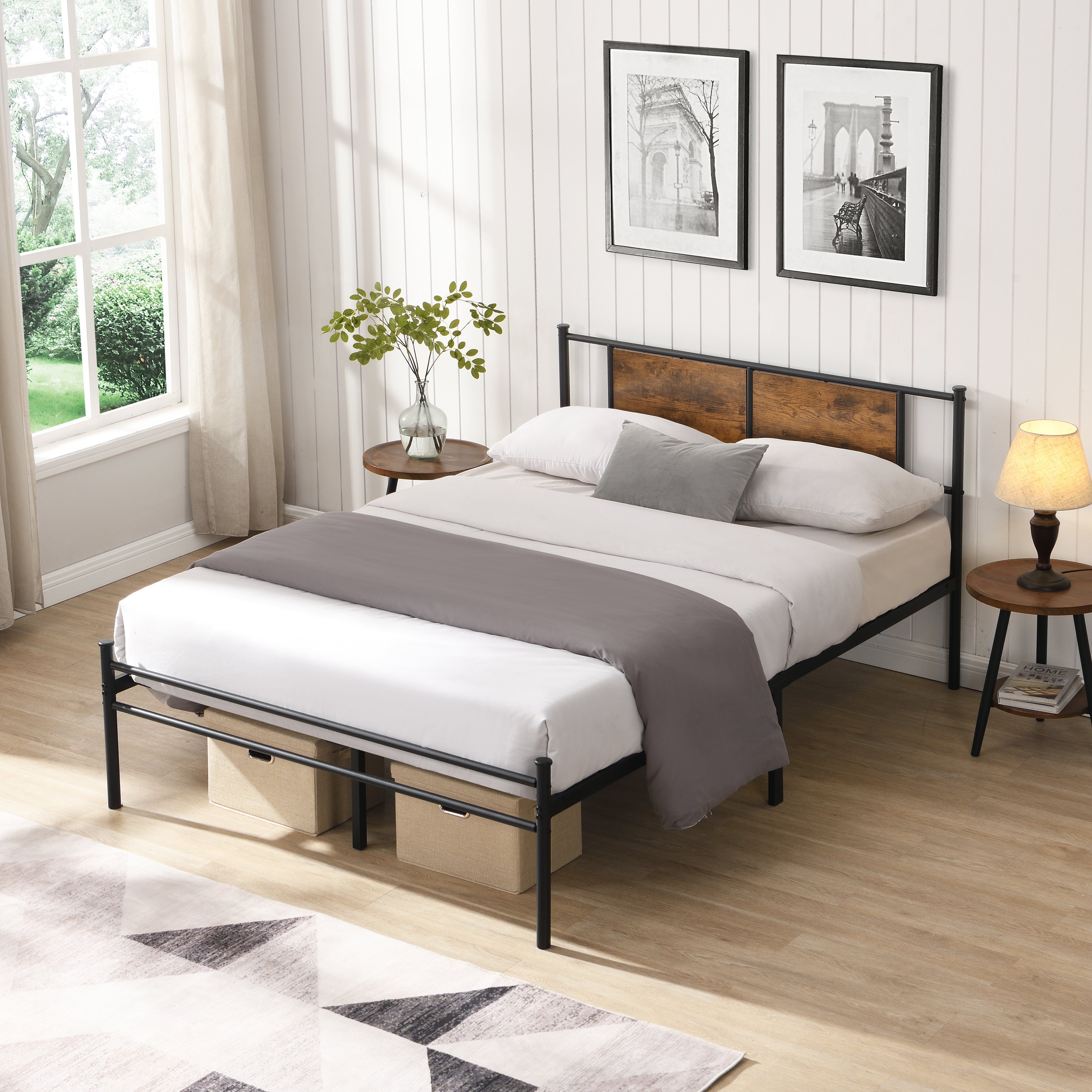 Queen Size Metal Bed Frame with Wood Panel Decoration