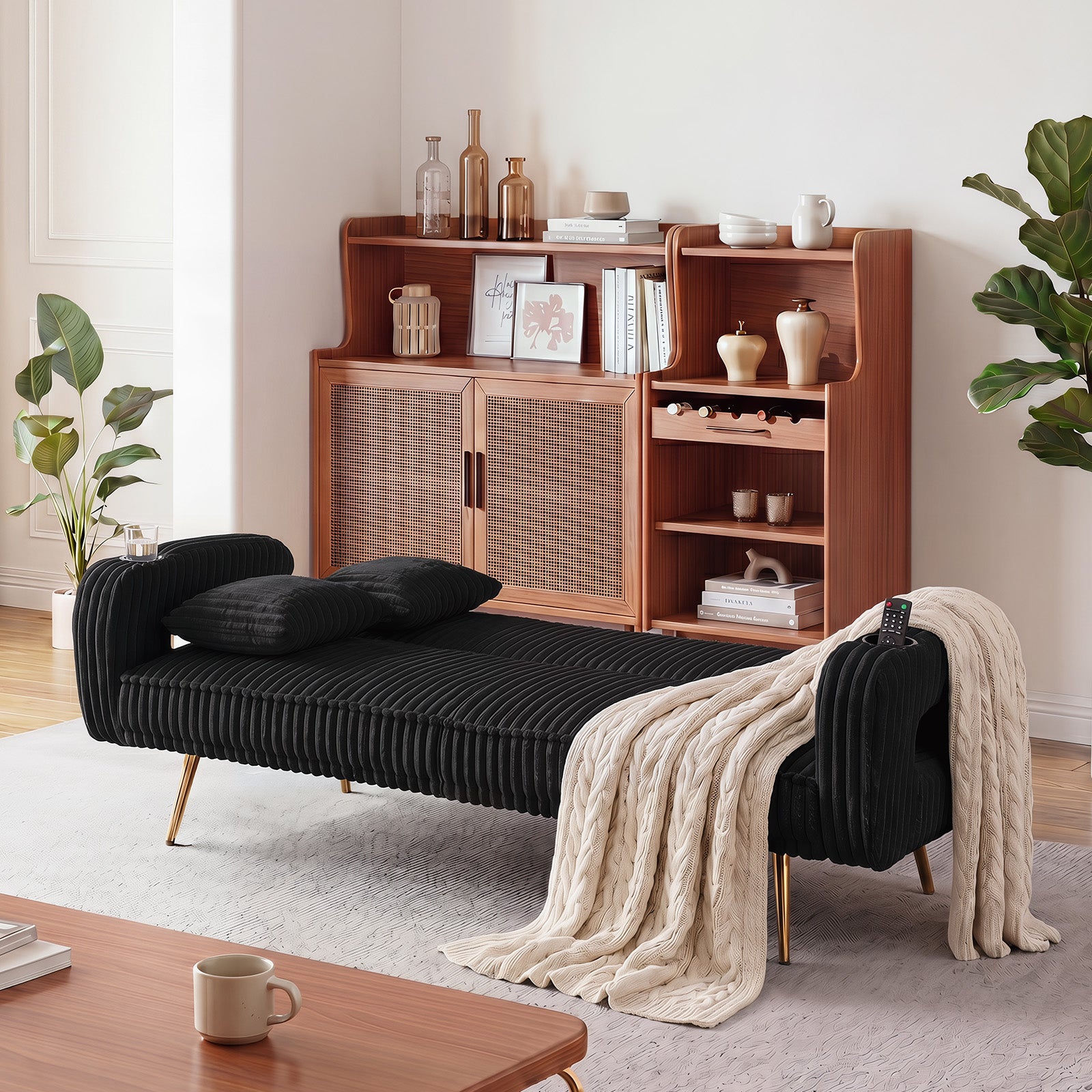 74 Inch Straight Corduroy Sofa Bed with Pillows