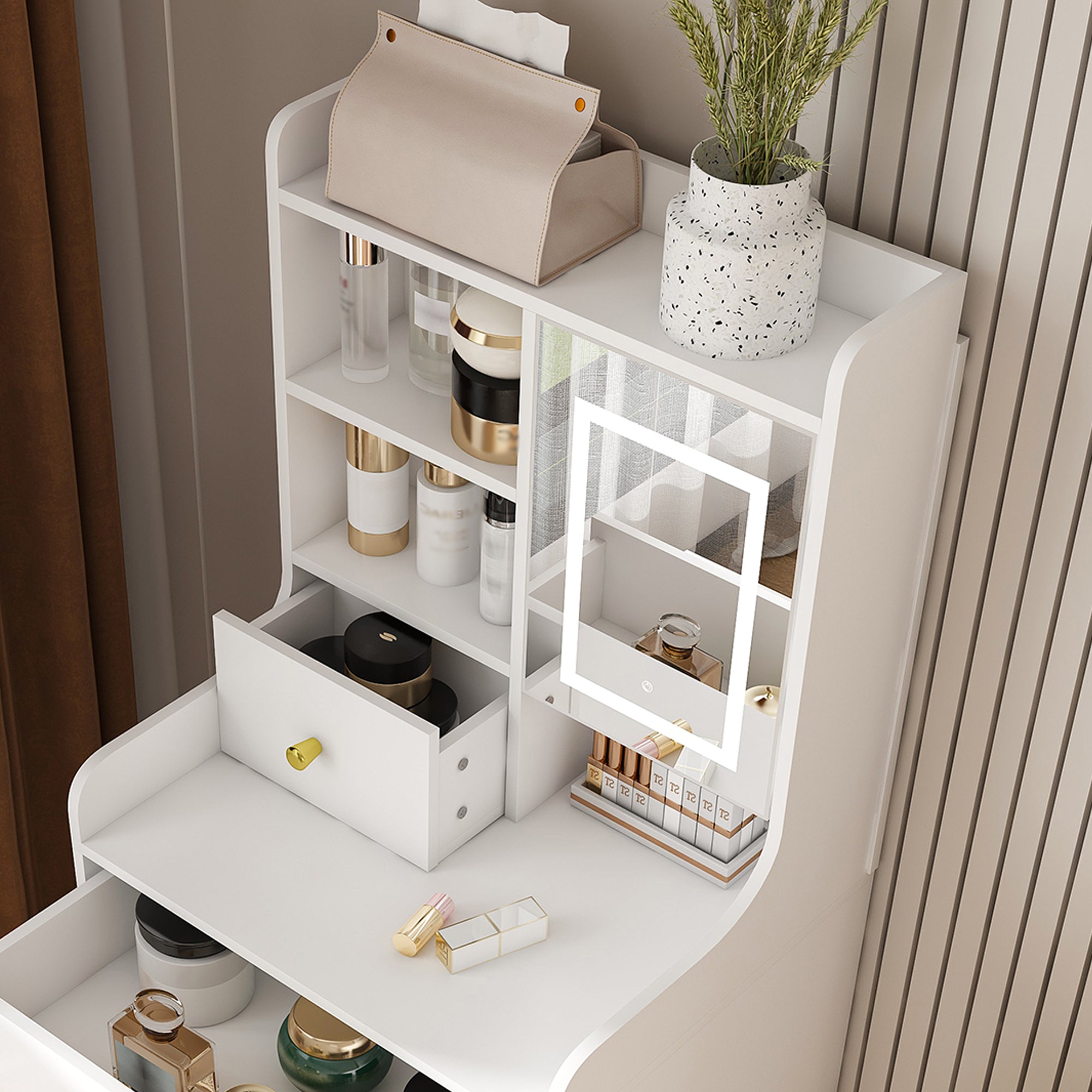 3-in-1 Dressing Table with LED Mirror & Storage Stool