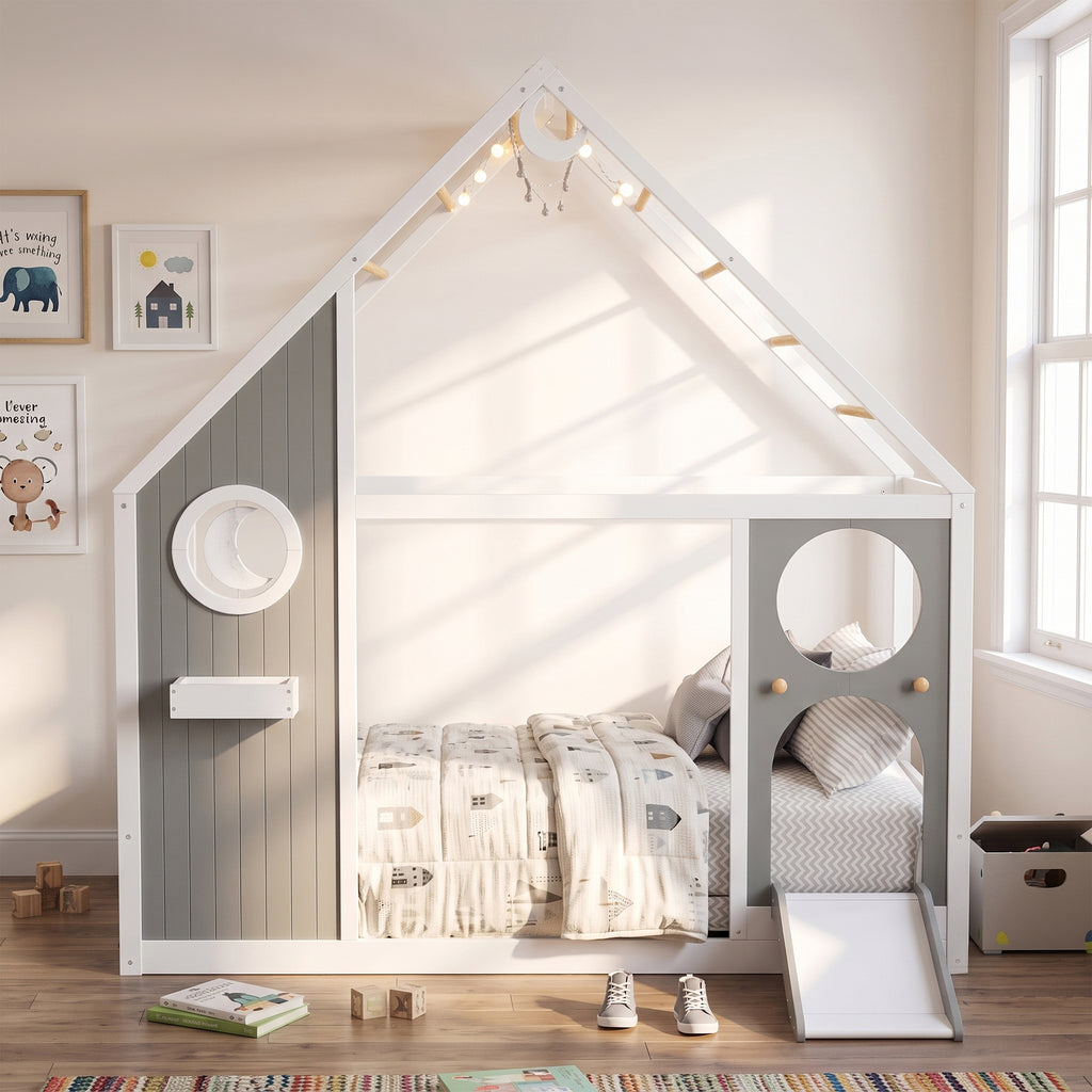 Twin House Bed with Slide, Ball Light Strip, Gray
